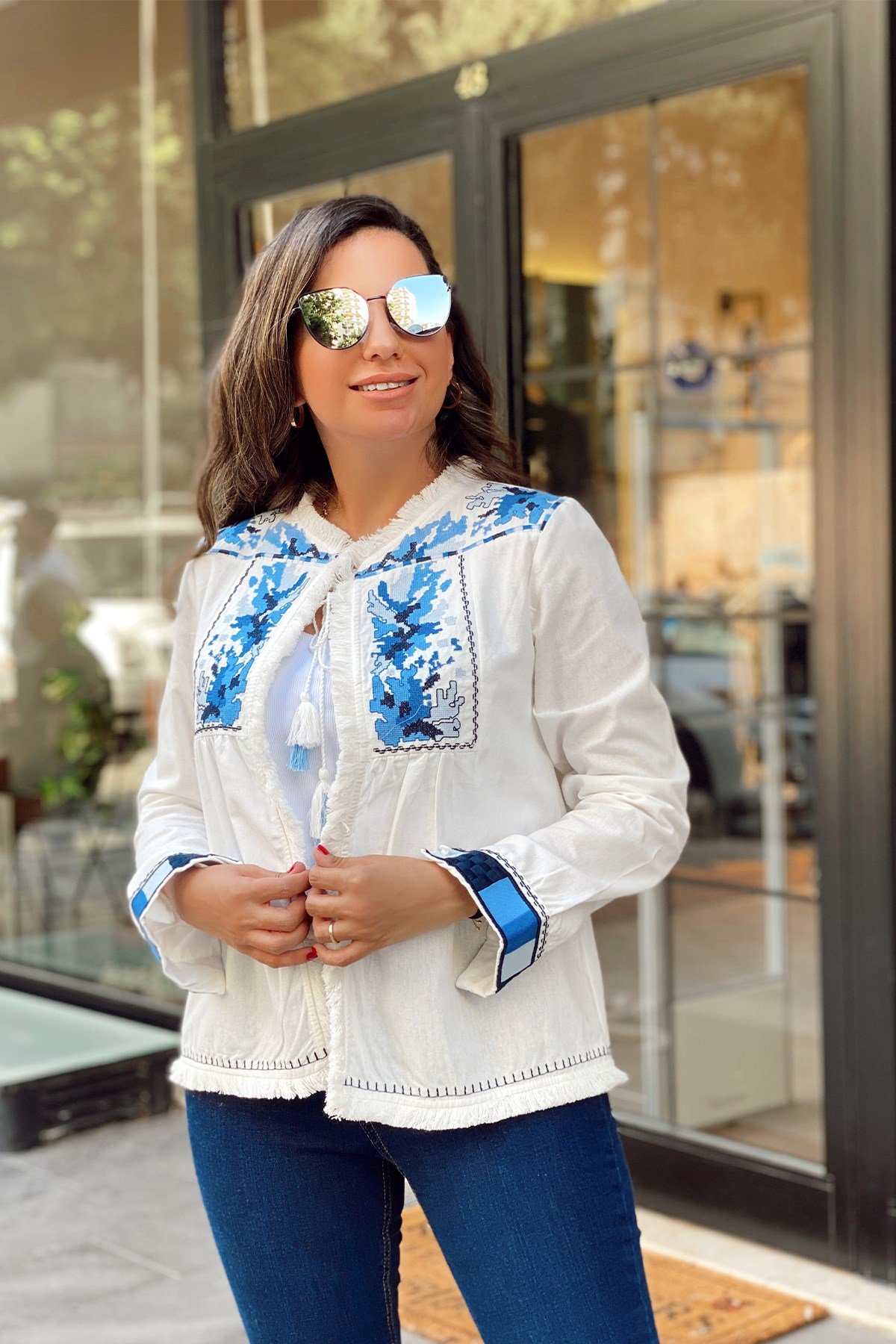 Mavi Etnik Desen Nakış Detaylı Ceket