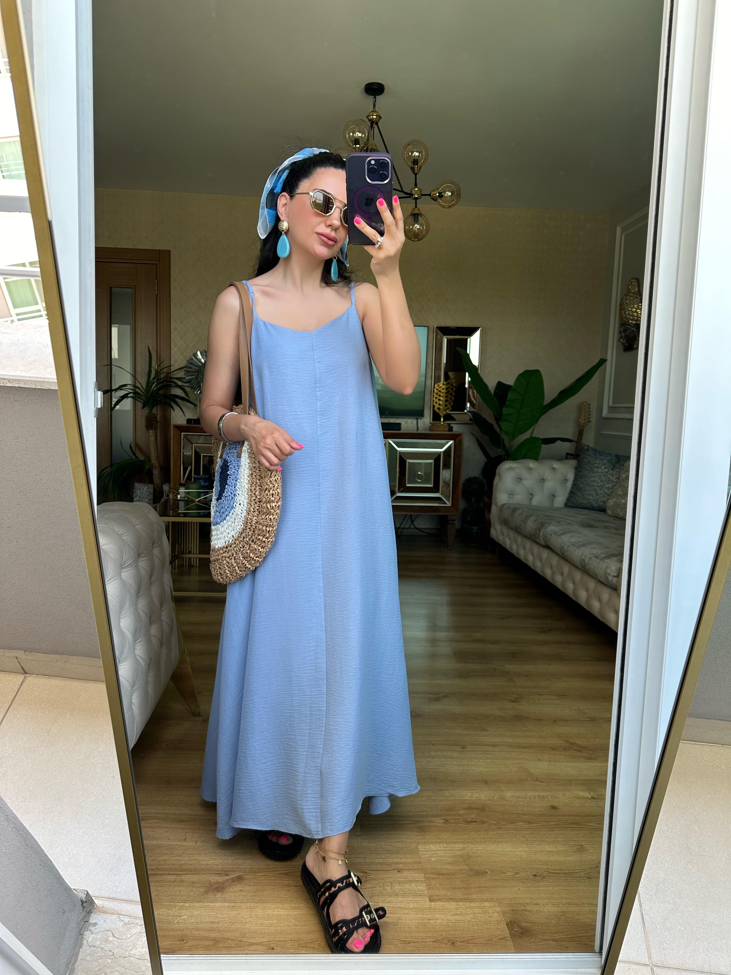 Mavi İp Askılı Elbise