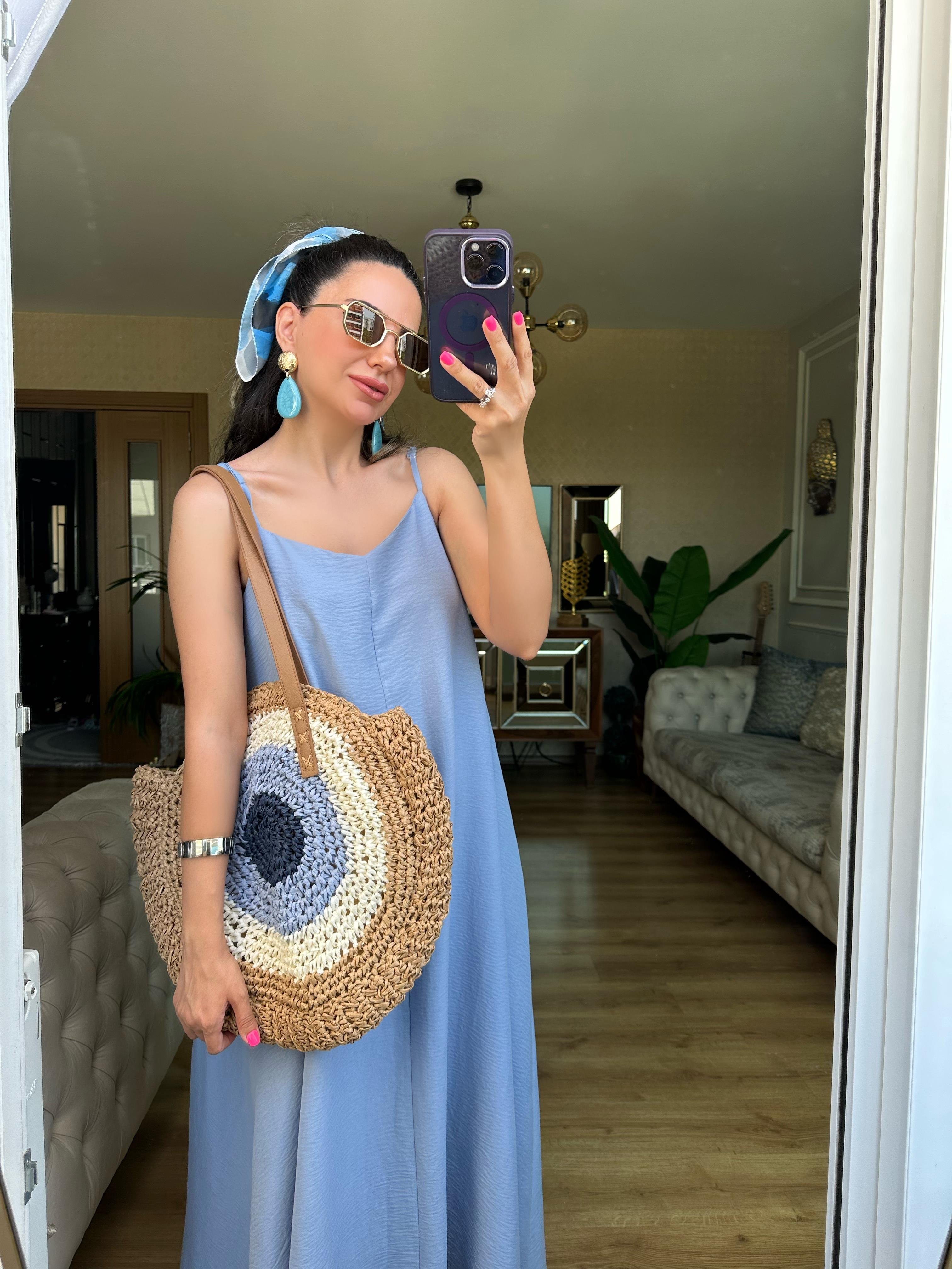 Mavi İp Askılı Elbise