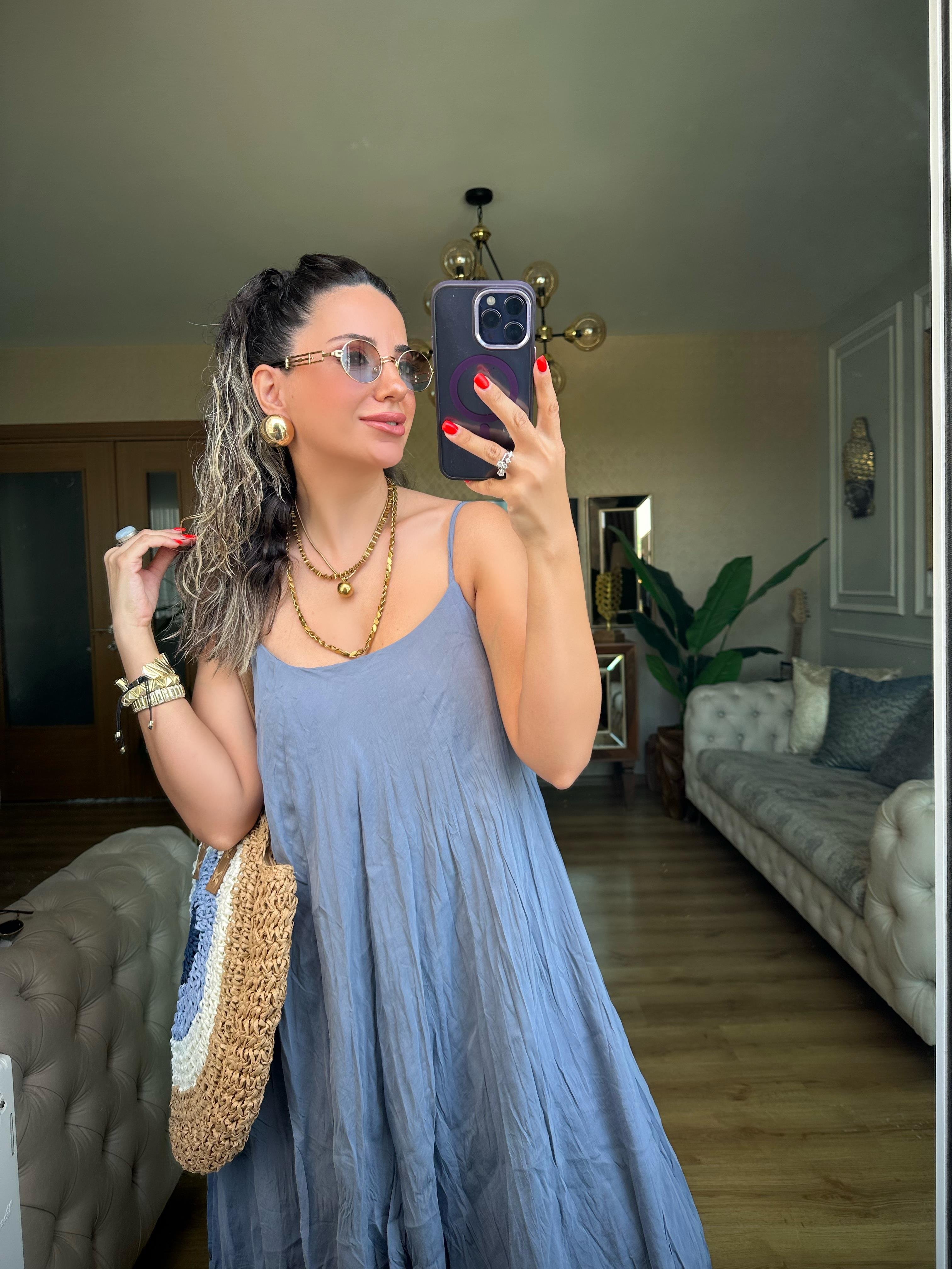 Mavi Kırışık Kumaş Elbise