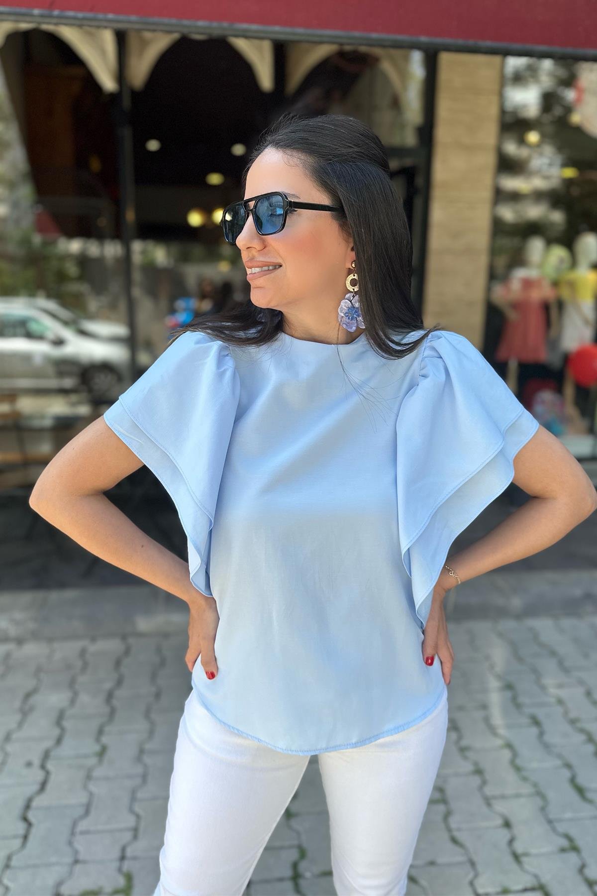 Mavi Kolları Volanlı Poplin Bluz