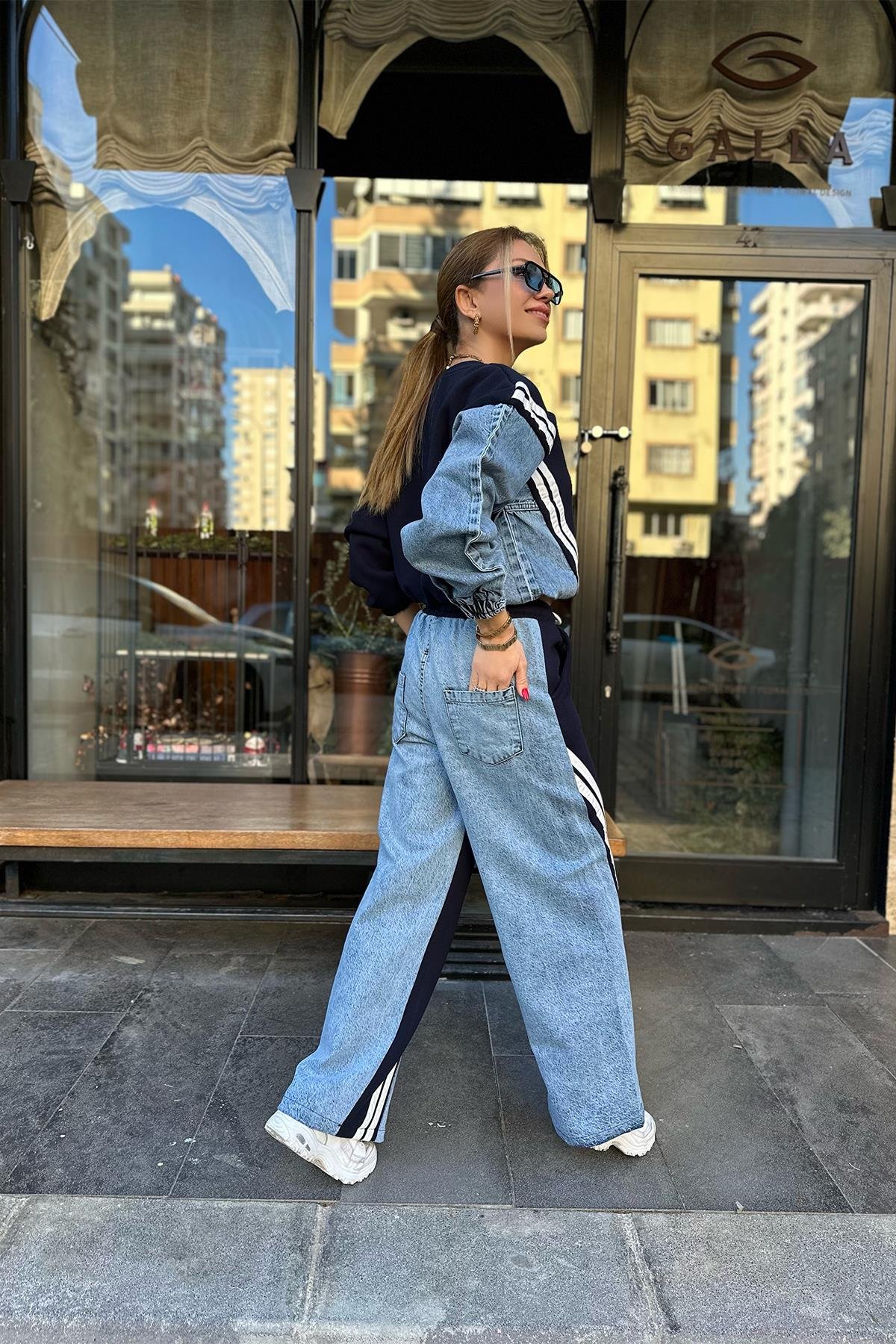 Mavi Kot Detaylı Tasarım Pantolon Takım