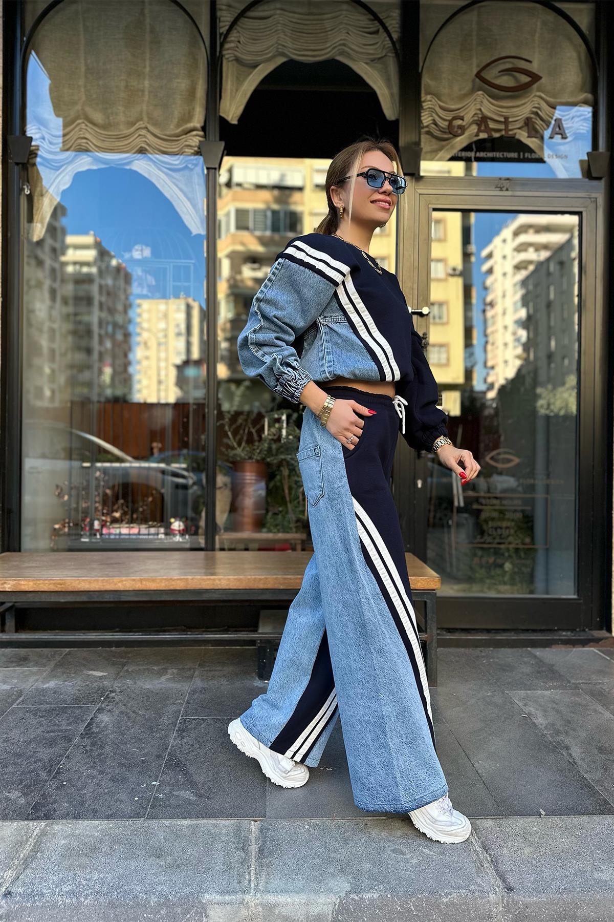 Mavi Kot Detaylı Tasarım Pantolon Takım