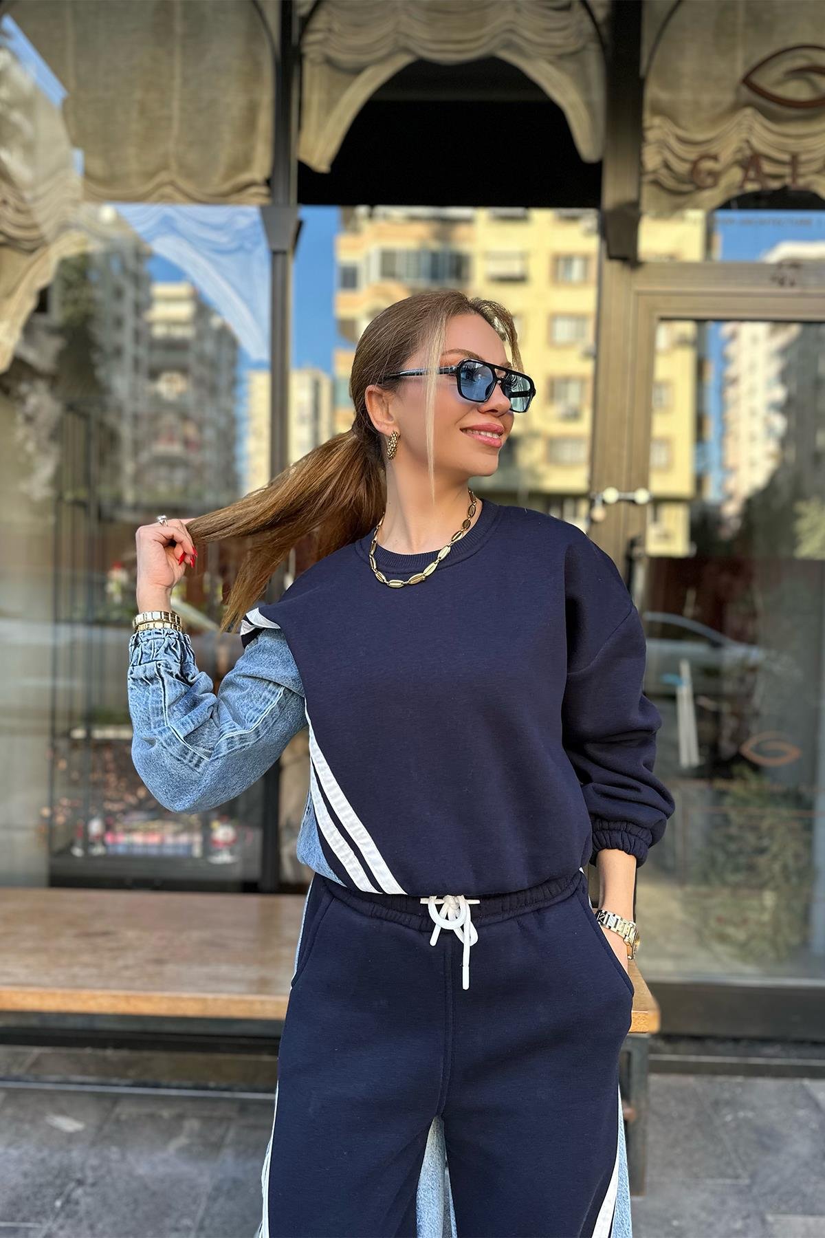 Mavi Kot Detaylı Tasarım Pantolon Takım