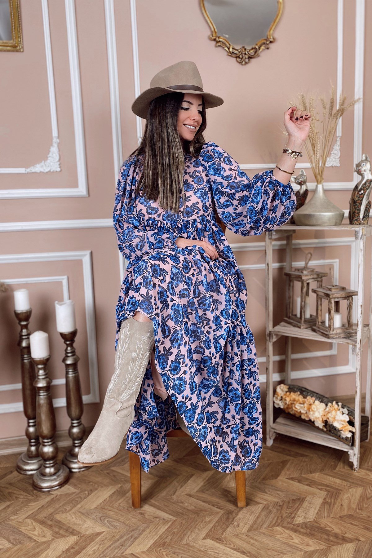 Mavi Lila Çiçek Desenli Şifon Elbise