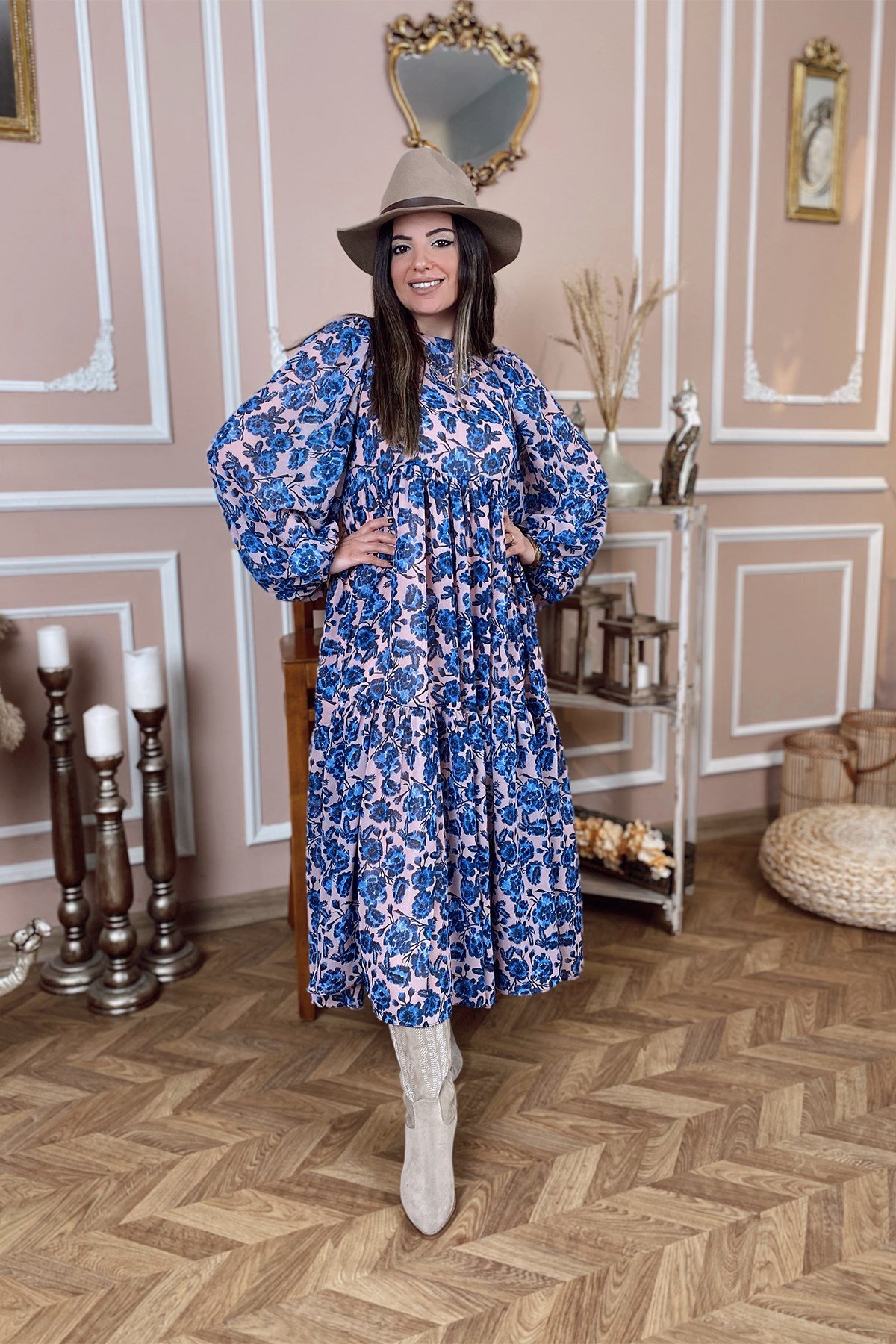 Mavi Lila Çiçek Desenli Şifon Elbise