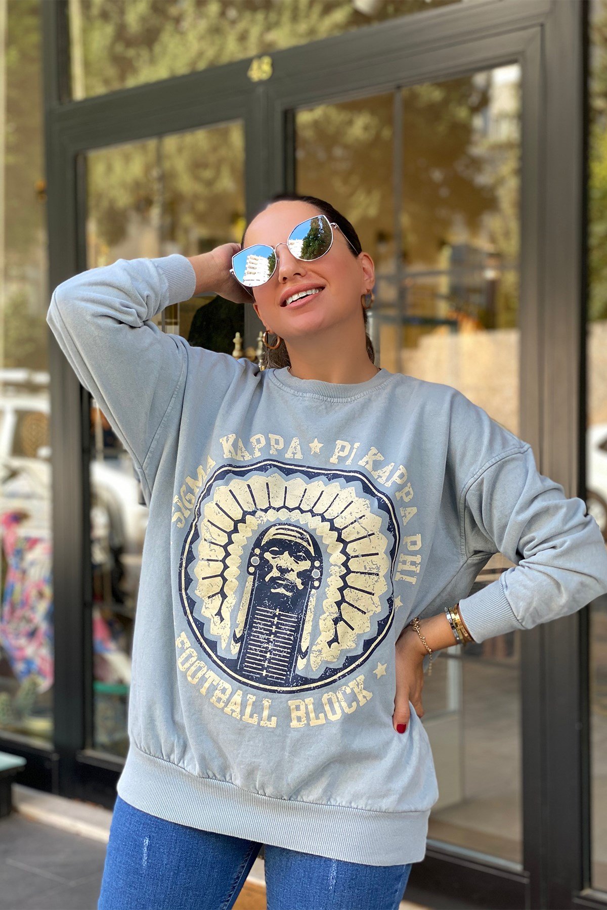 Mavi Önü Baskılı Sweatshirt