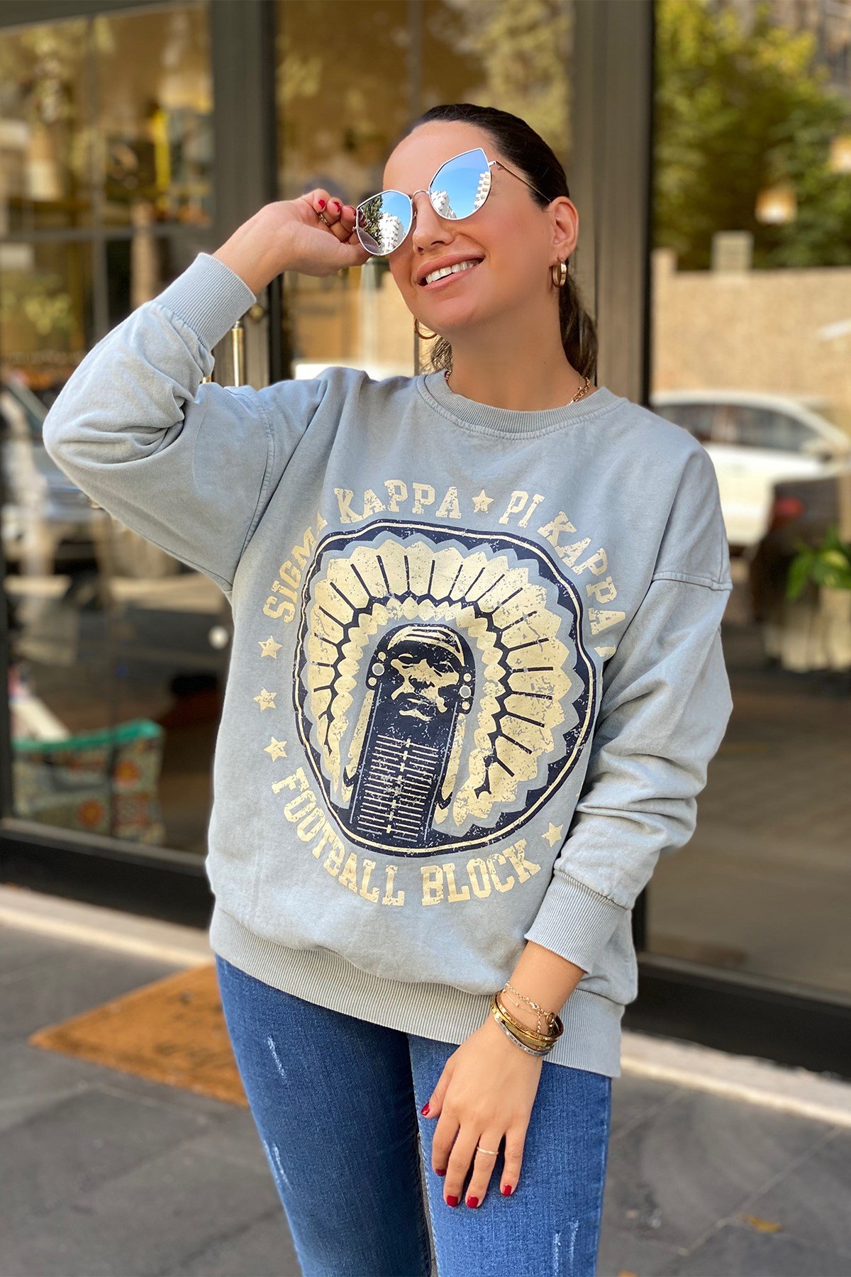 Mavi Önü Baskılı Sweatshirt