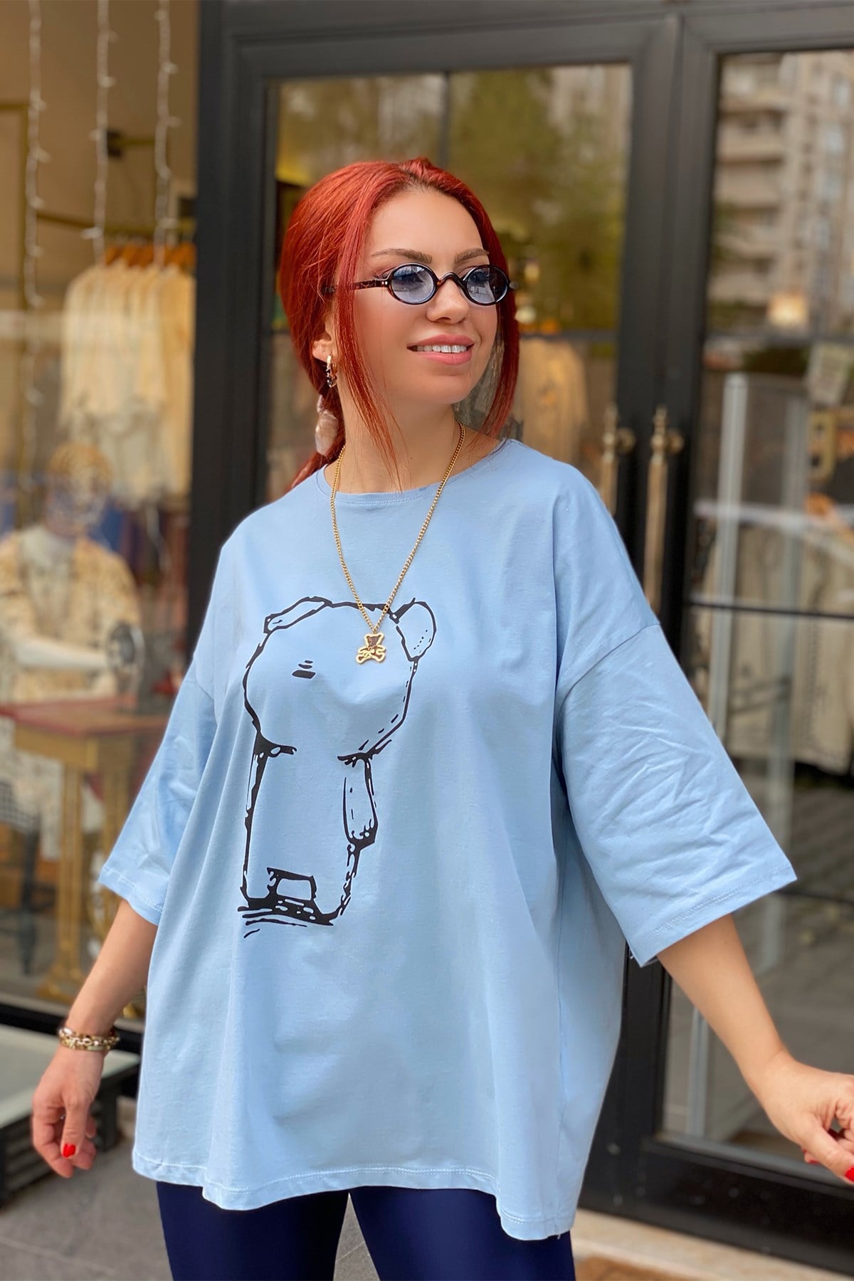 Mavi Panda Baskılı Oversize Tshirt