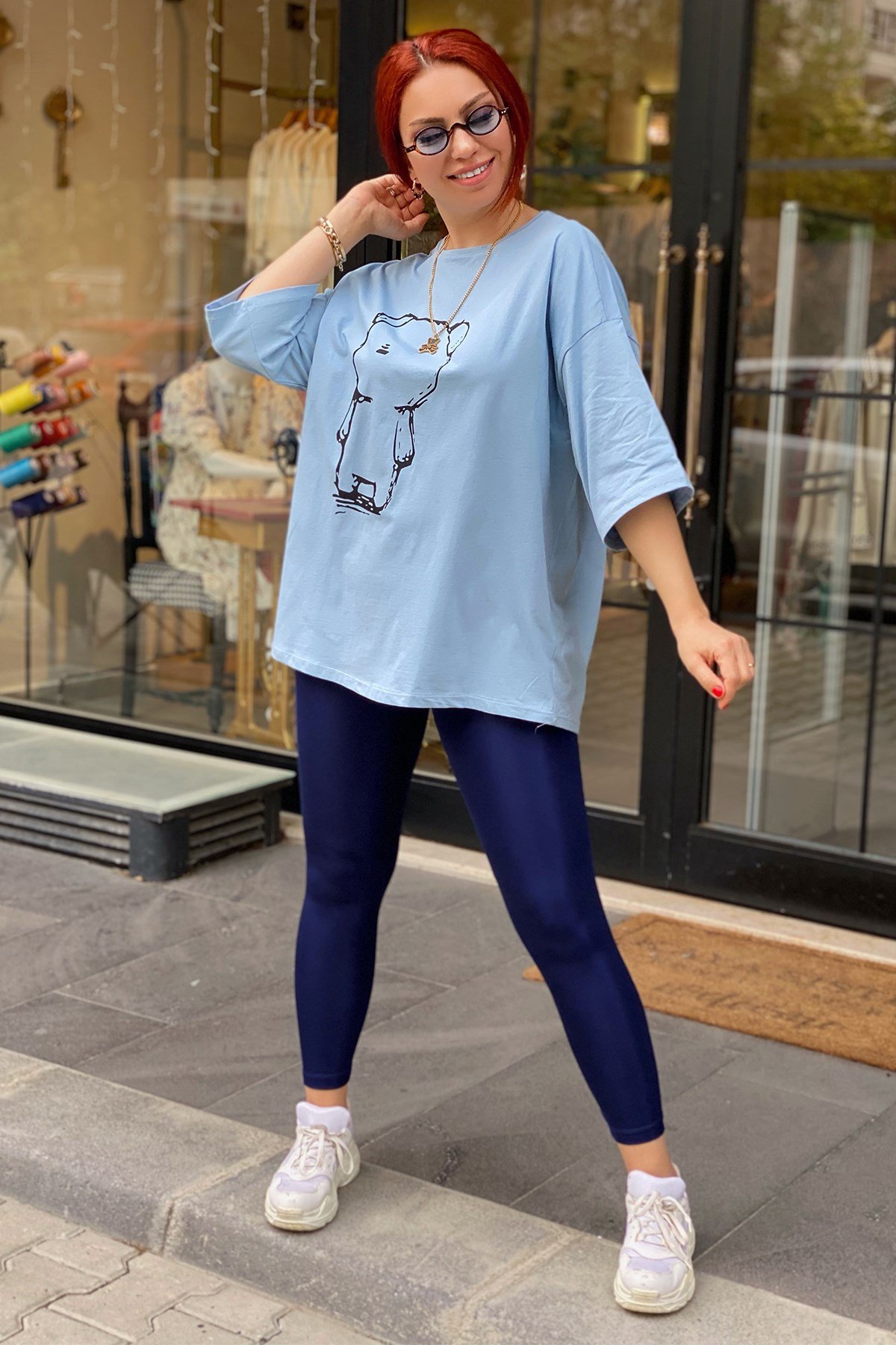 Mavi Panda Baskılı Oversize Tshirt