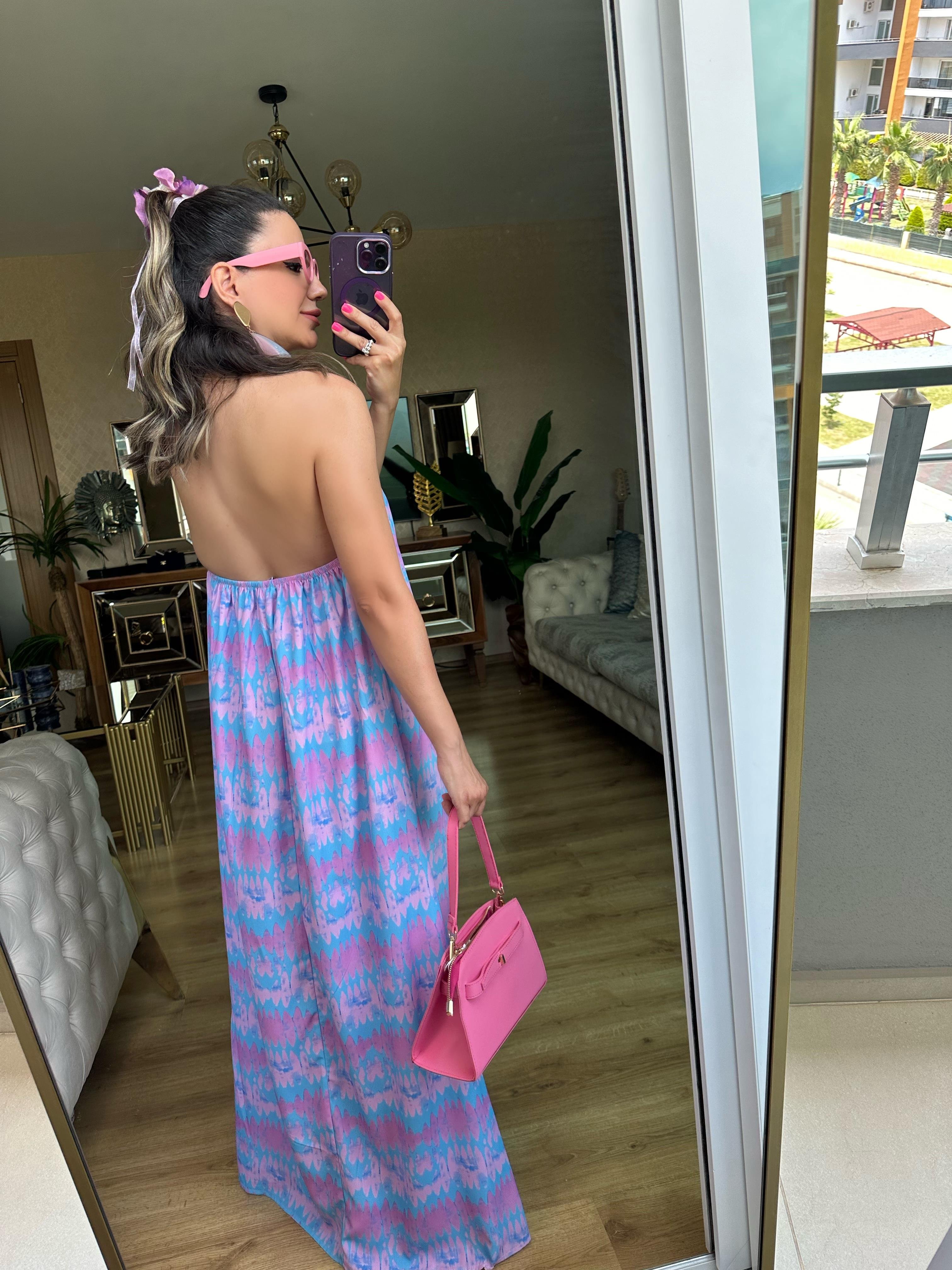 Mavi Pembe Desenli Boyundan Bağlamalı Elbise