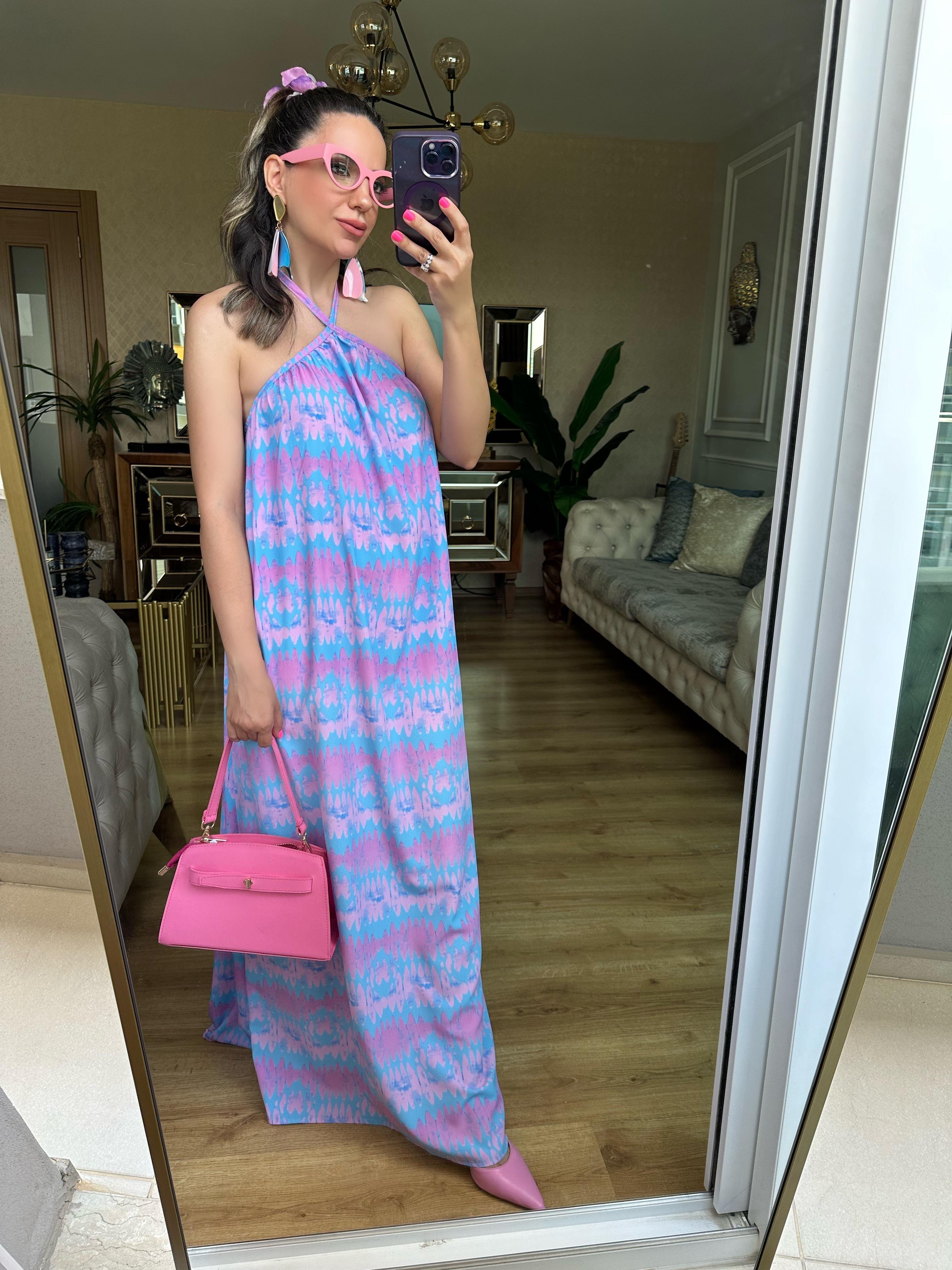 Mavi Pembe Desenli Boyundan Bağlamalı Elbise