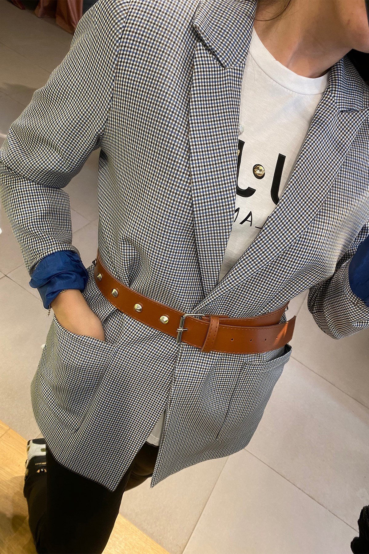 Mavi Pitikareli Kemerli Blazer Ceket 