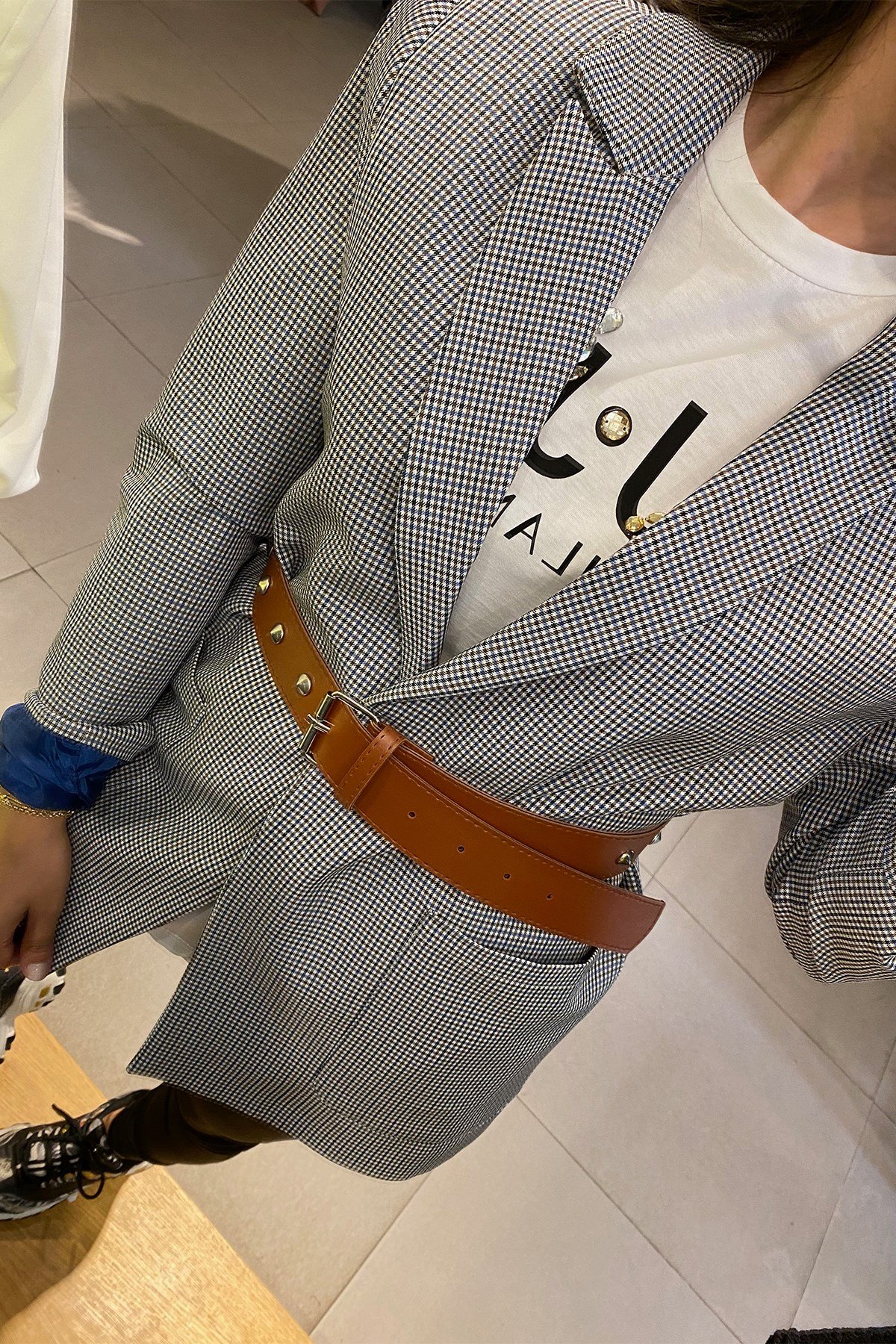 Mavi Pitikareli Kemerli Blazer Ceket 