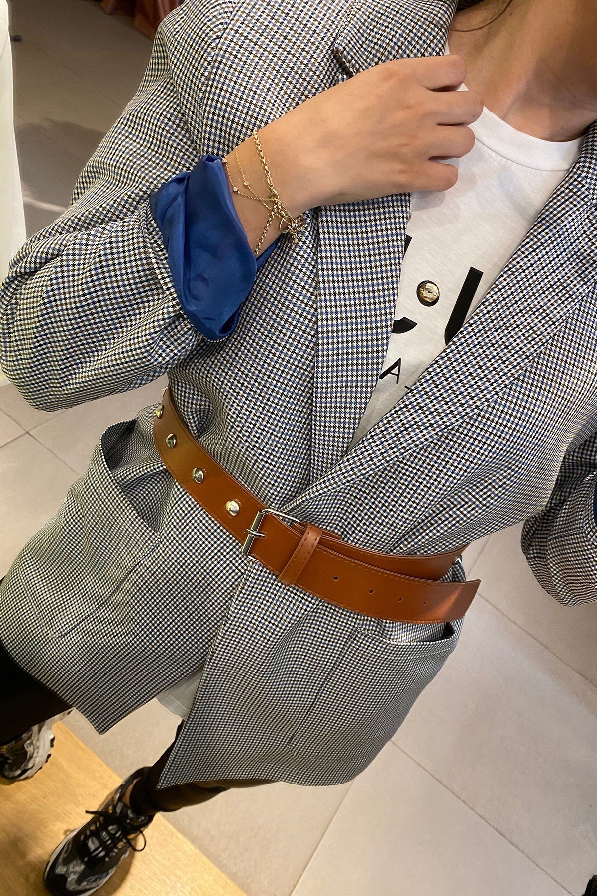 Mavi Pitikareli Kemerli Blazer Ceket 