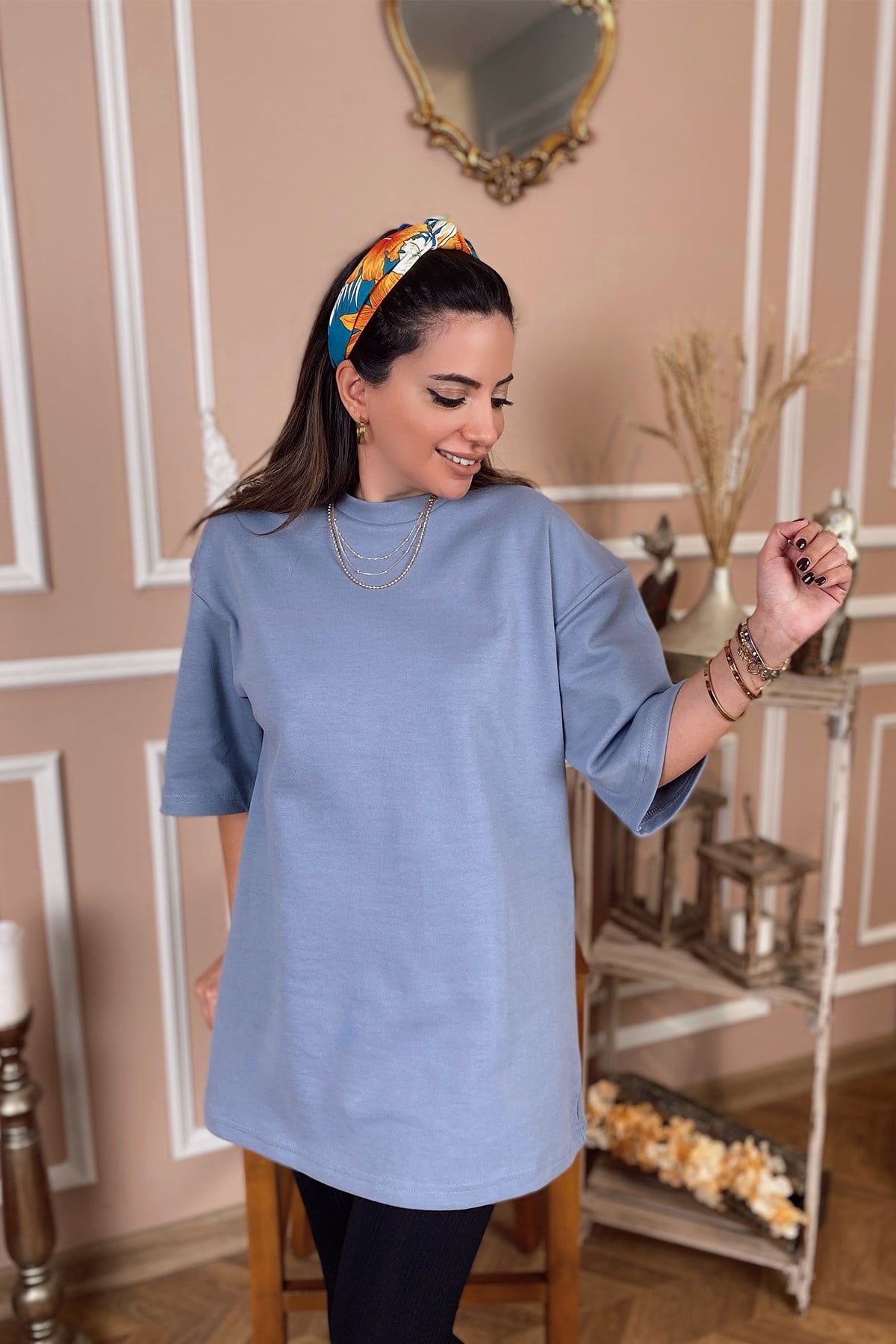 Mavi Renk Pamuk Kumaş Basic Tshirt