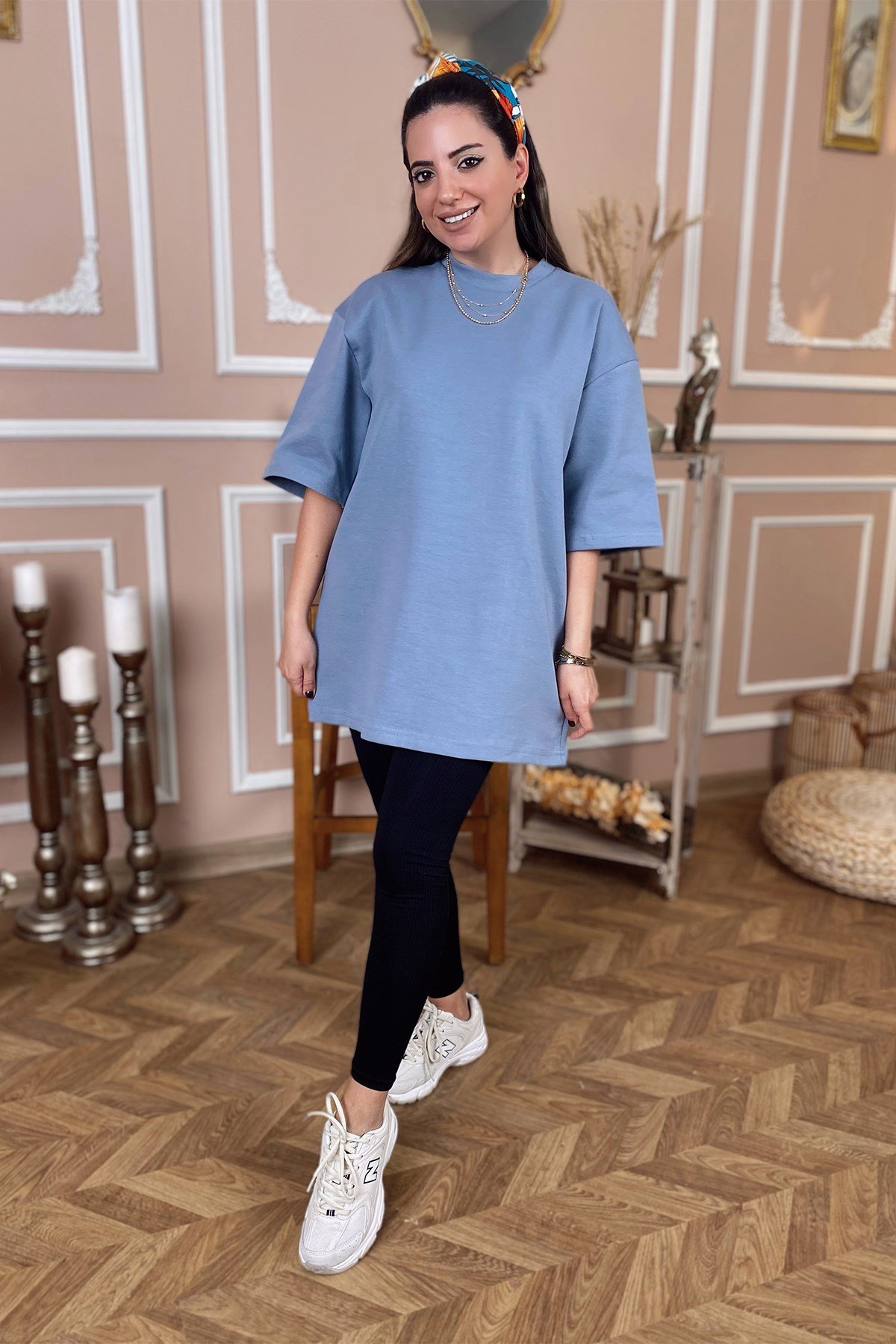 Mavi Renk Pamuk Kumaş Basic Tshirt