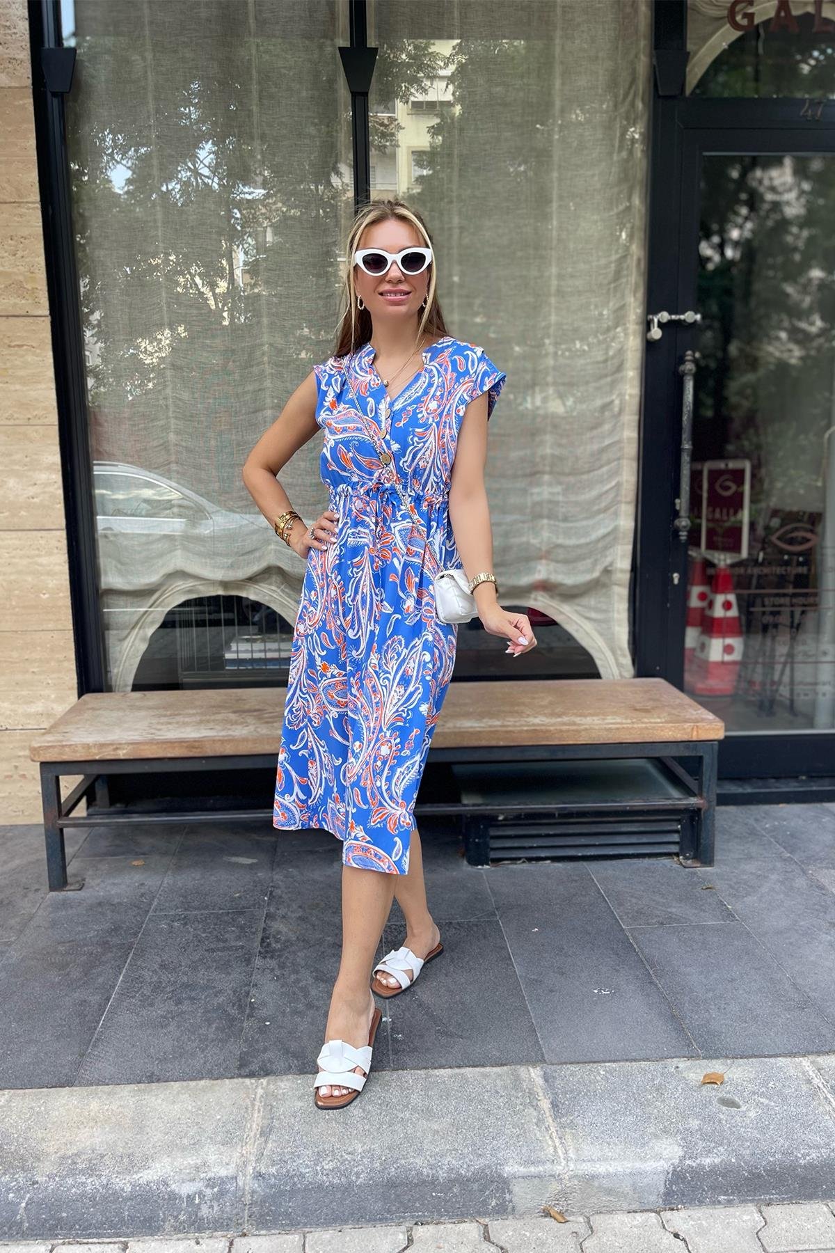 Mavi Şal Desen Önden Düğmeli Viskon Elbise