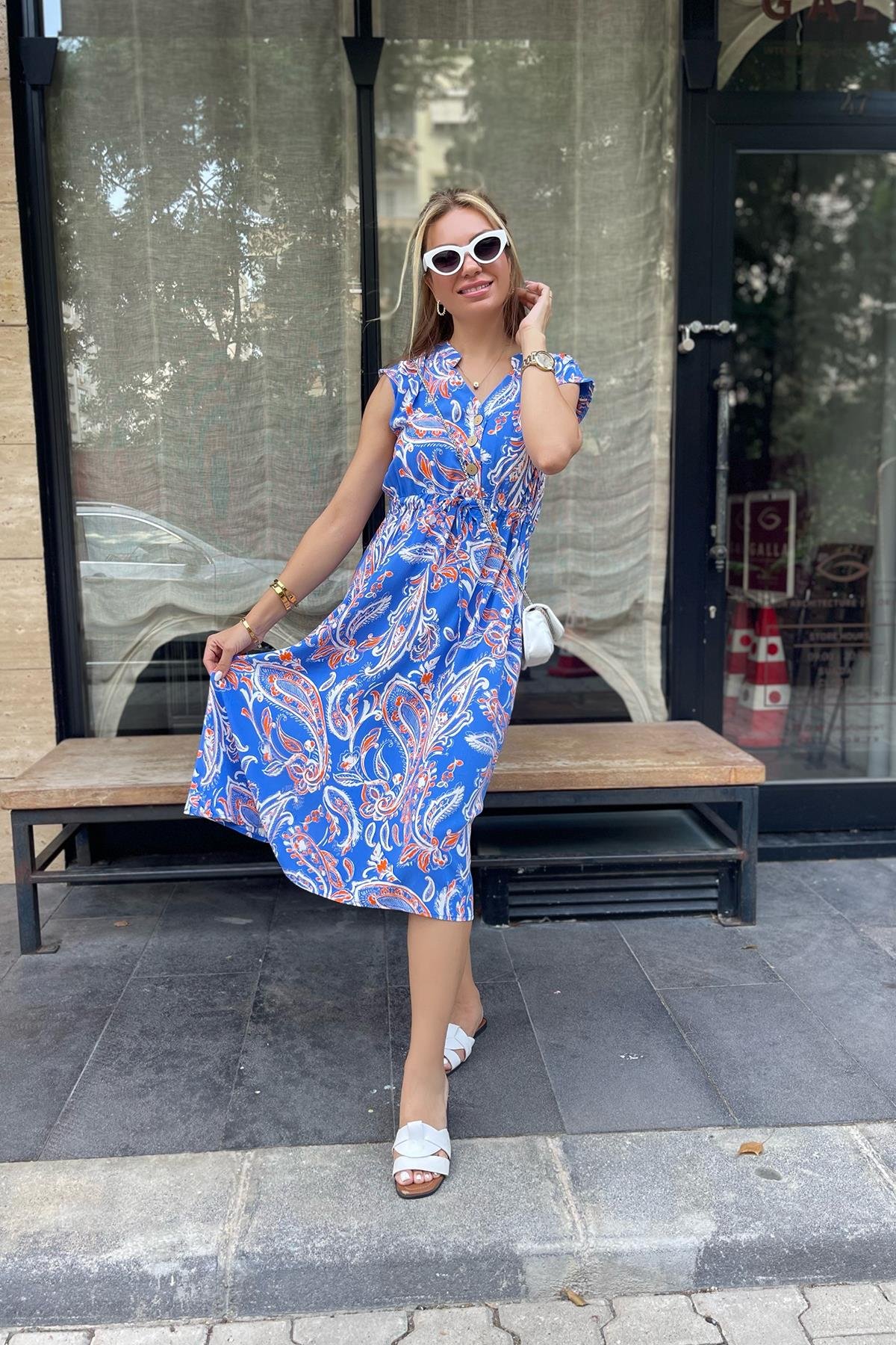 Mavi Şal Desen Önden Düğmeli Viskon Elbise