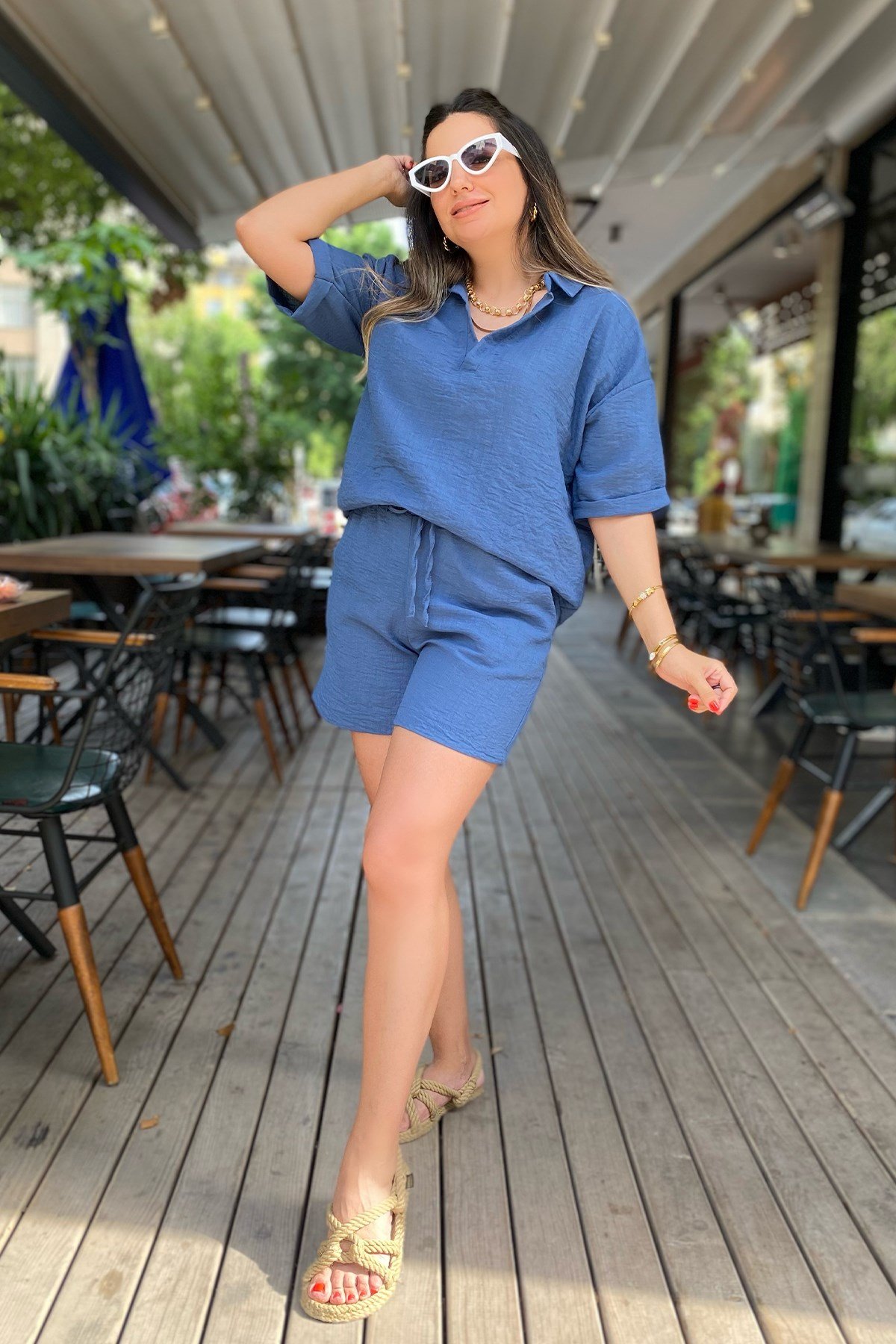Mavi Şort Bluz Takım