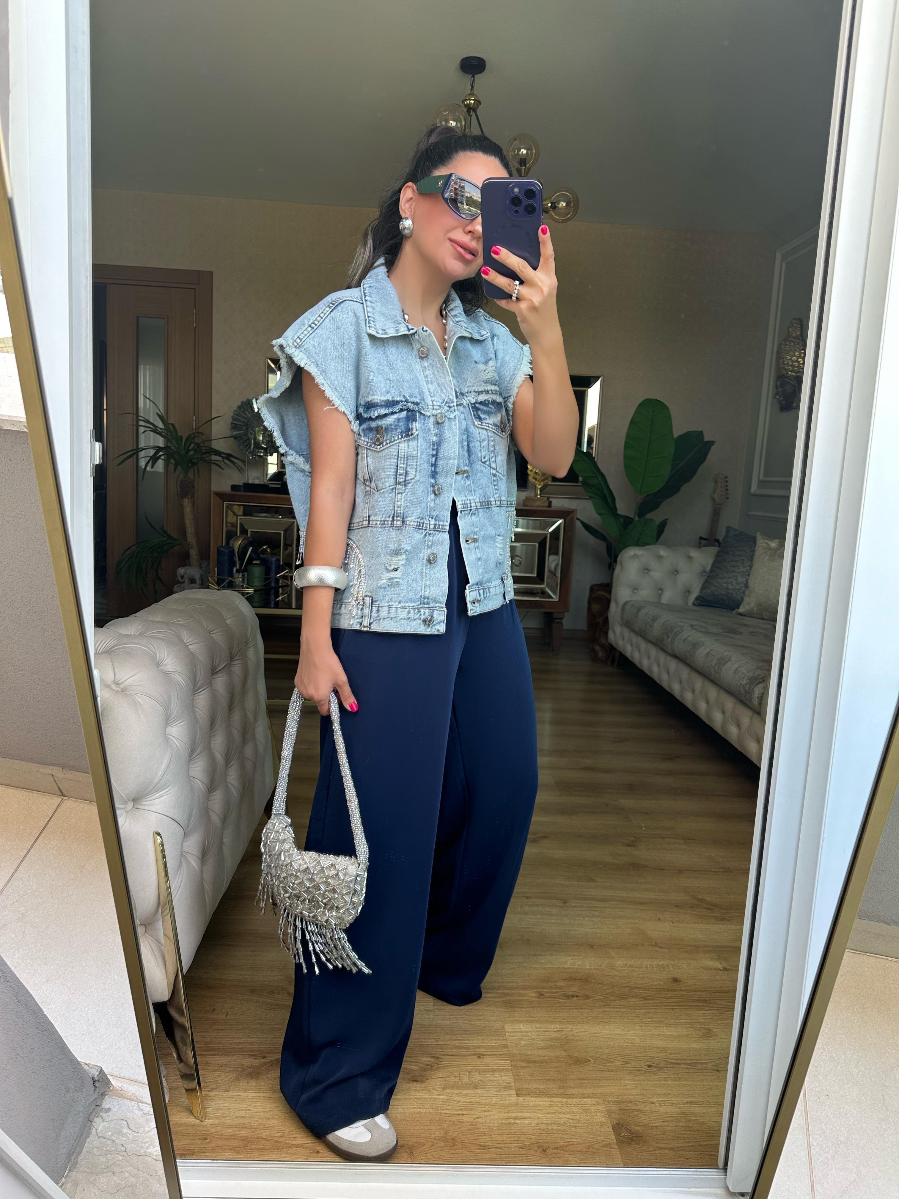 Mavi Taş Detaylı Kot Yelek