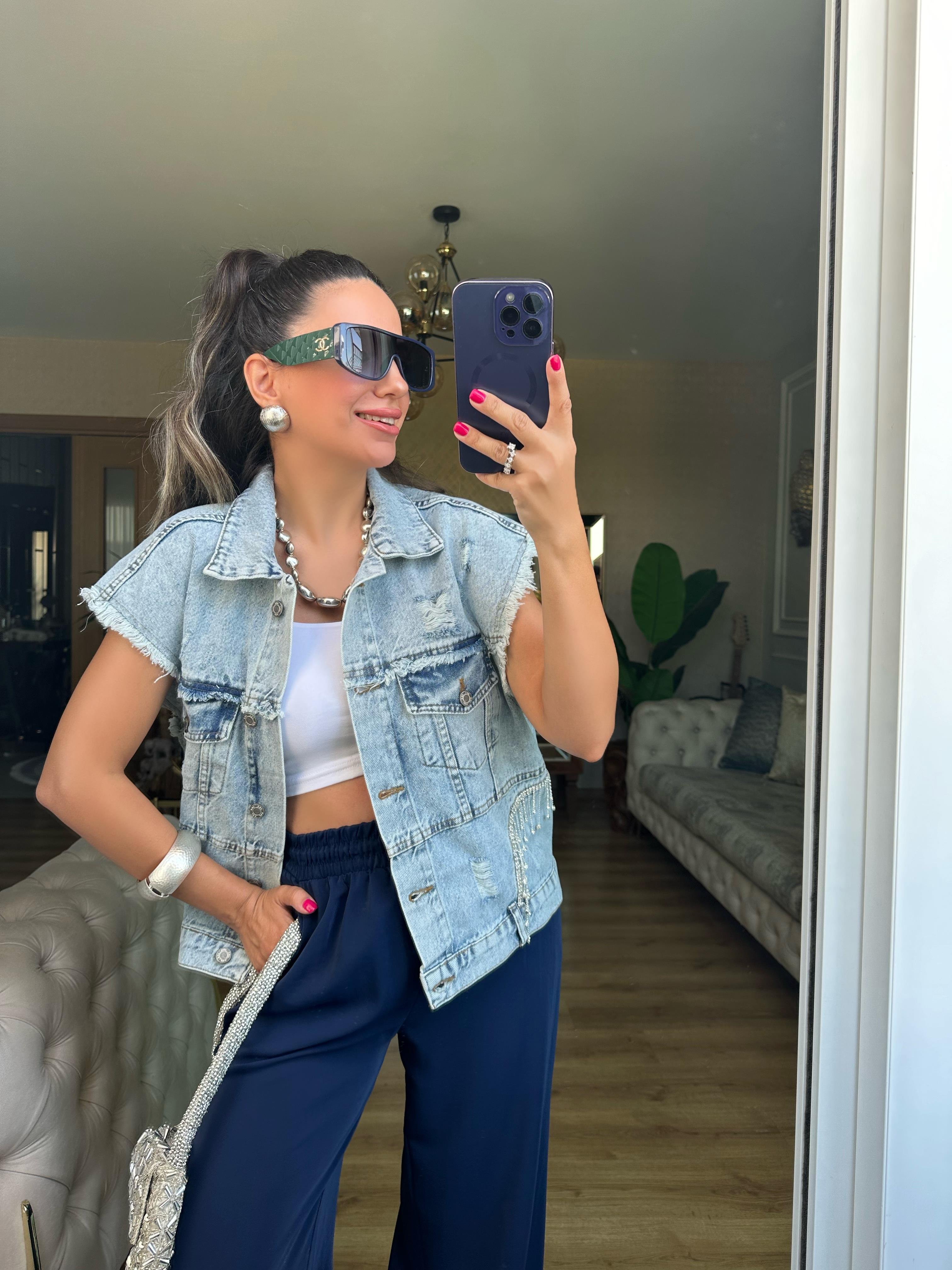 Mavi Taş Detaylı Kot Yelek