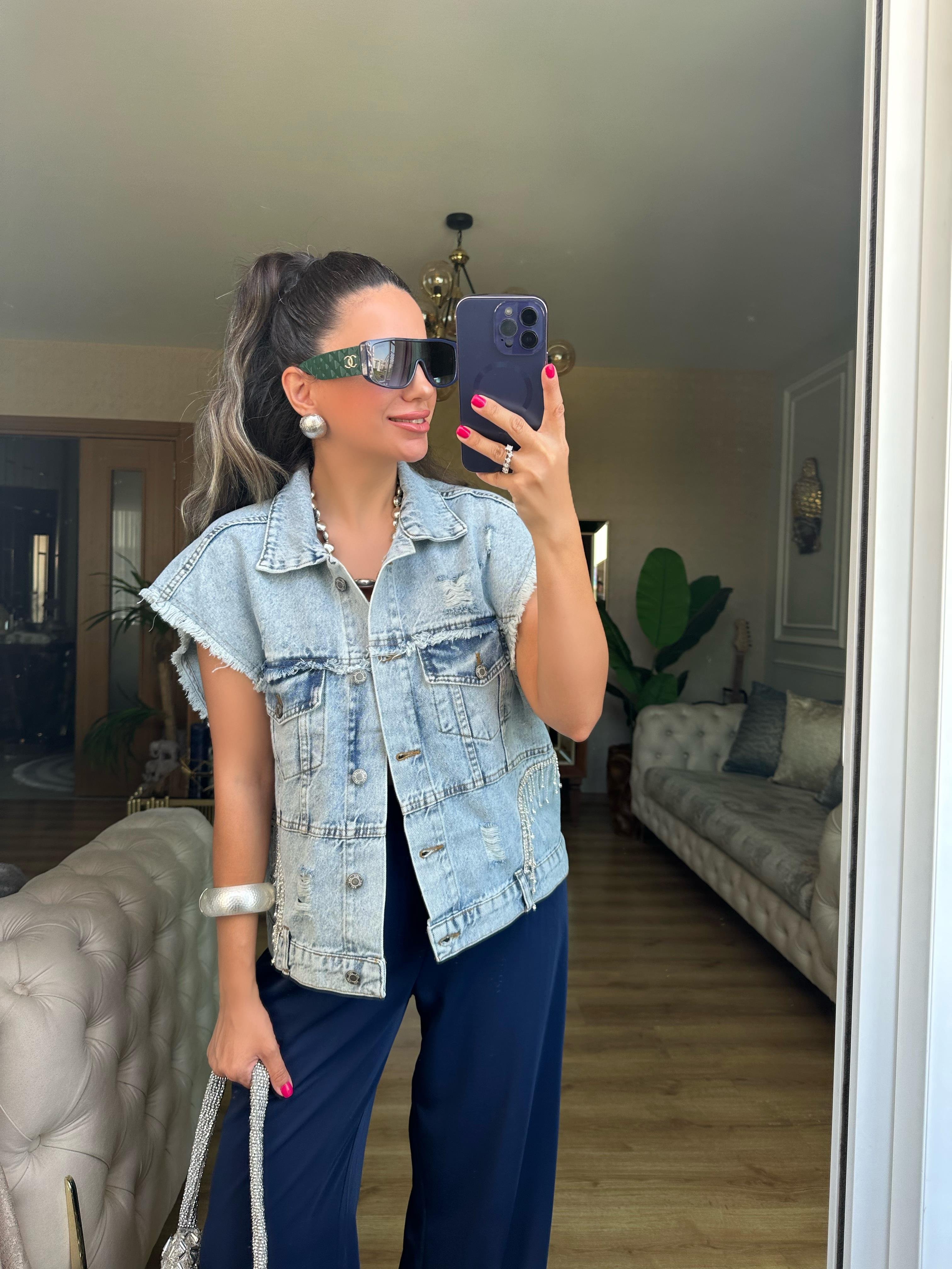 Mavi Taş Detaylı Kot Yelek