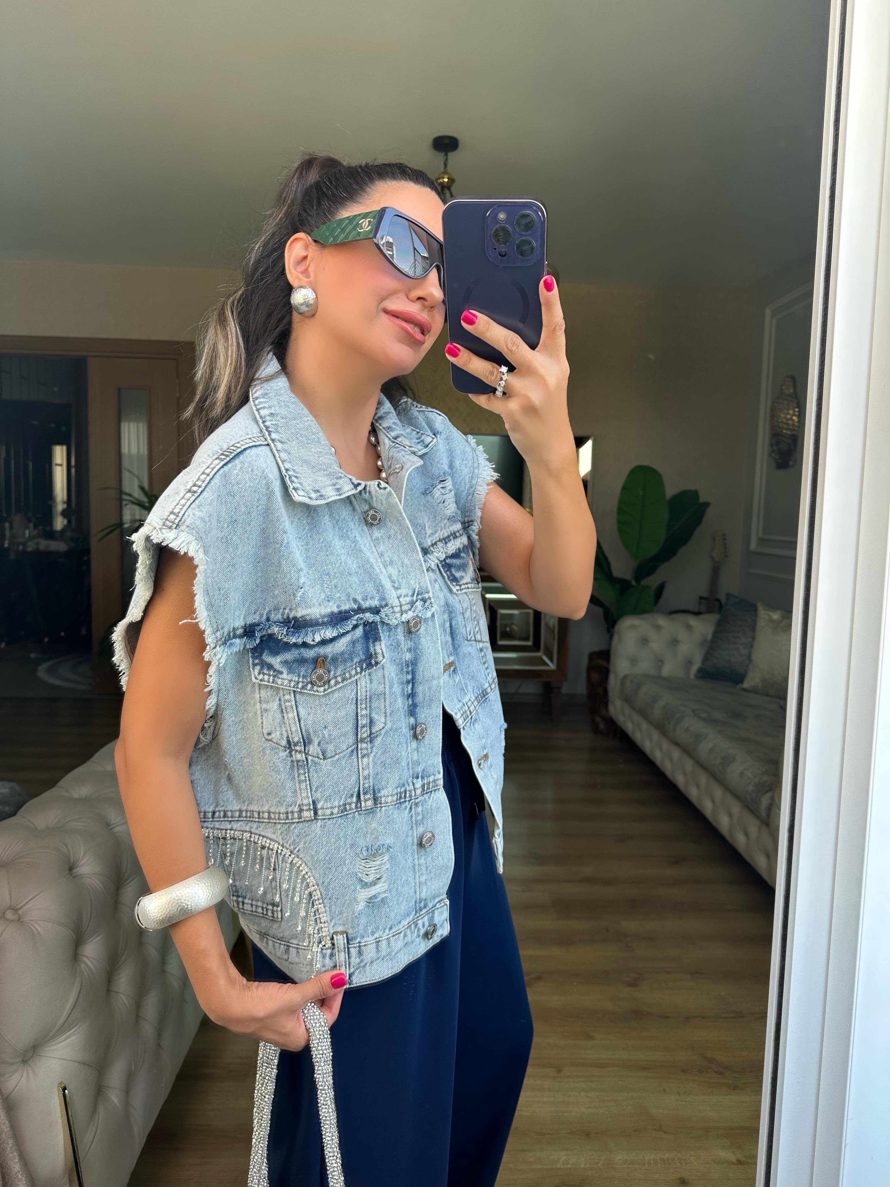 Mavi Taş Detaylı Kot Yelek