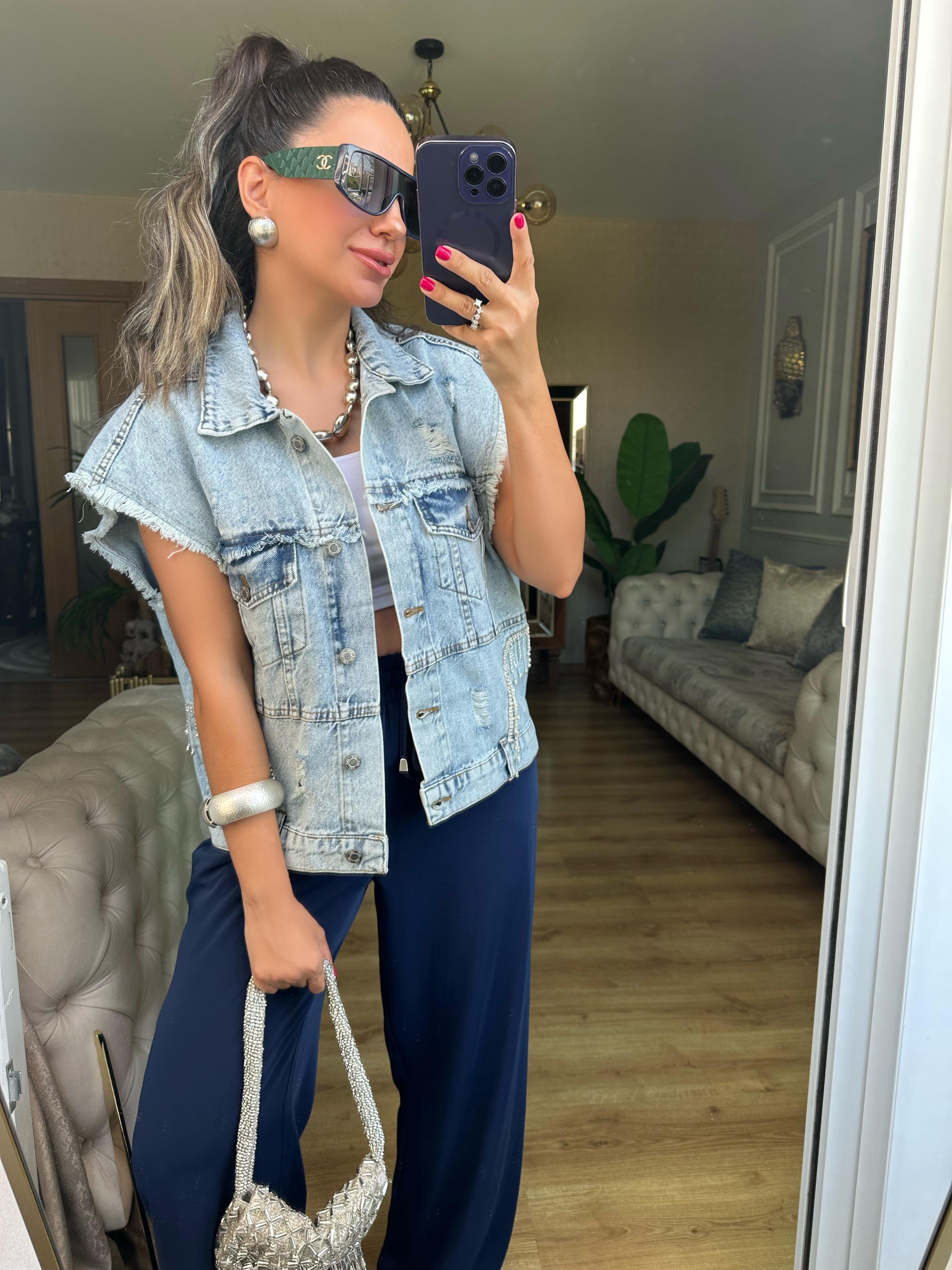 Mavi Taş Detaylı Kot Yelek