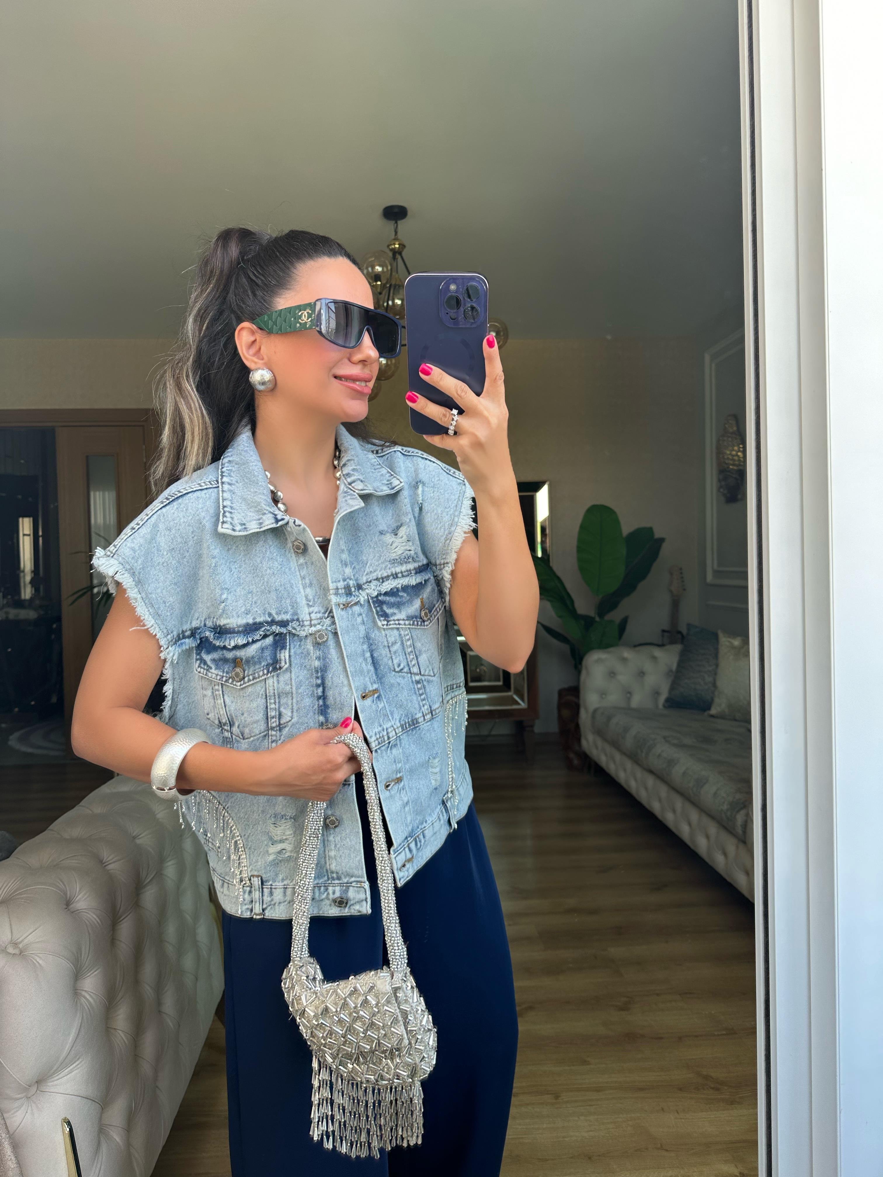 Mavi Taş Detaylı Kot Yelek