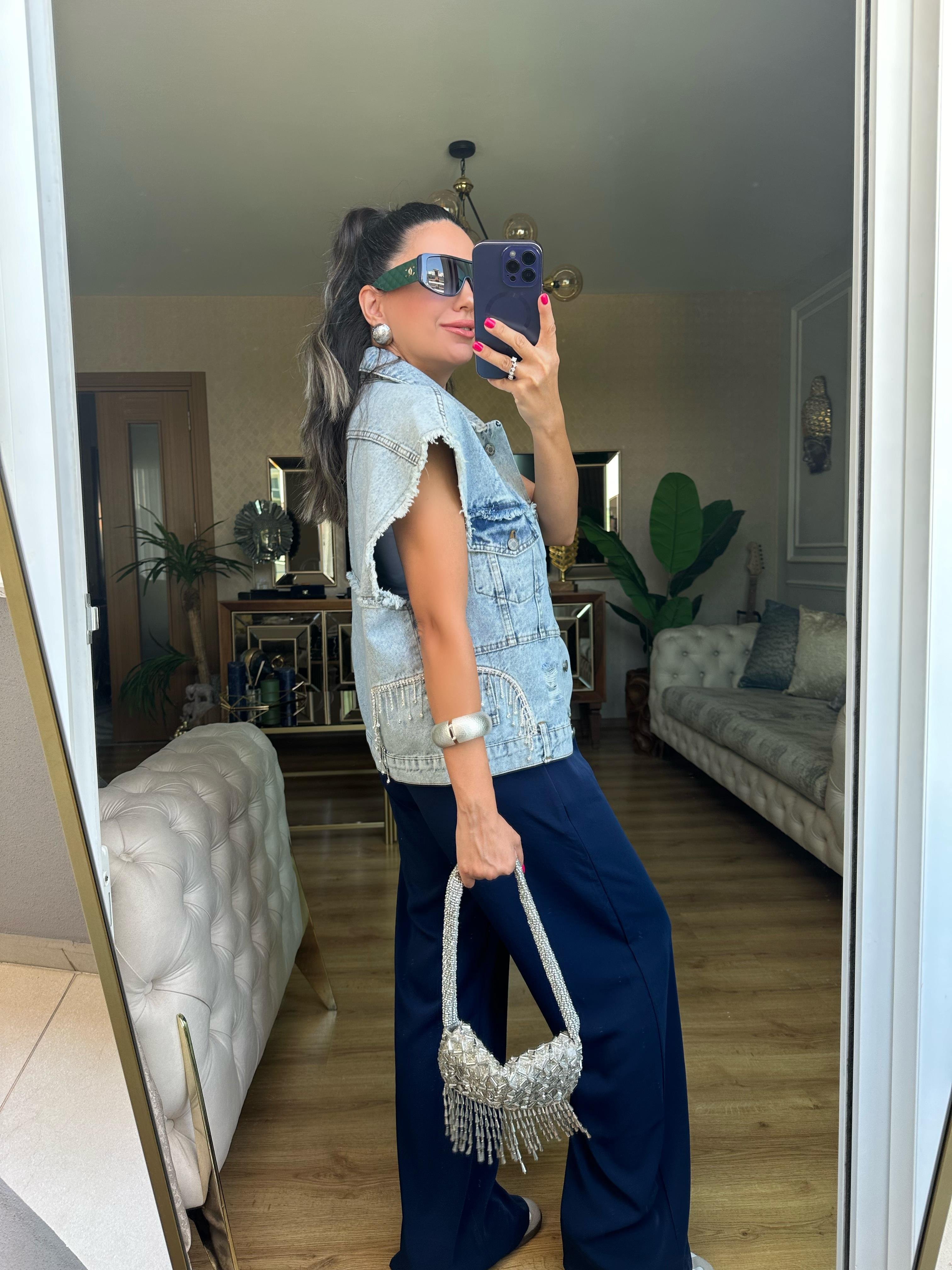 Mavi Taş Detaylı Kot Yelek