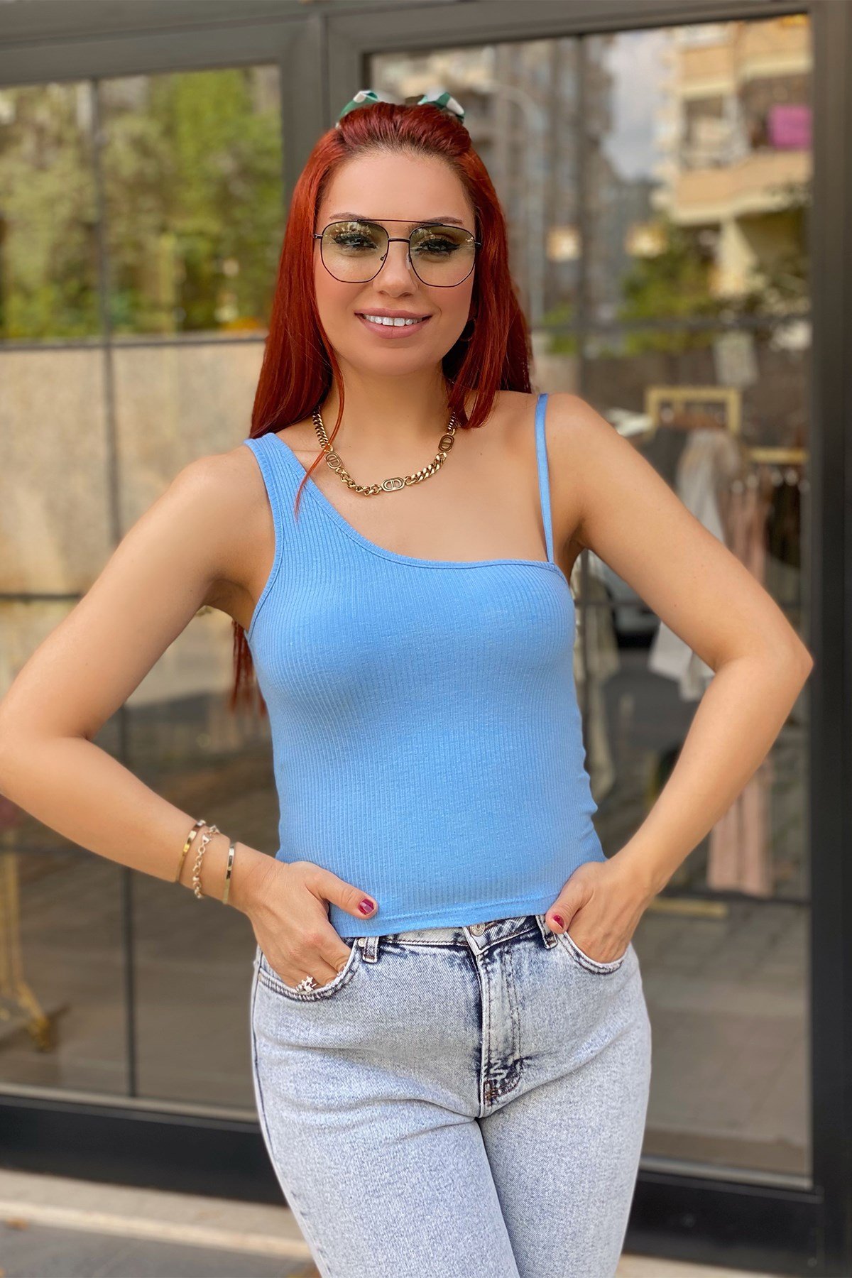 Mavi Tek Omuzu İpli Fitilli Bluz