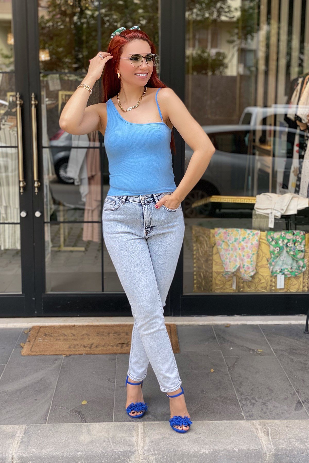 Mavi Tek Omuzu İpli Fitilli Bluz