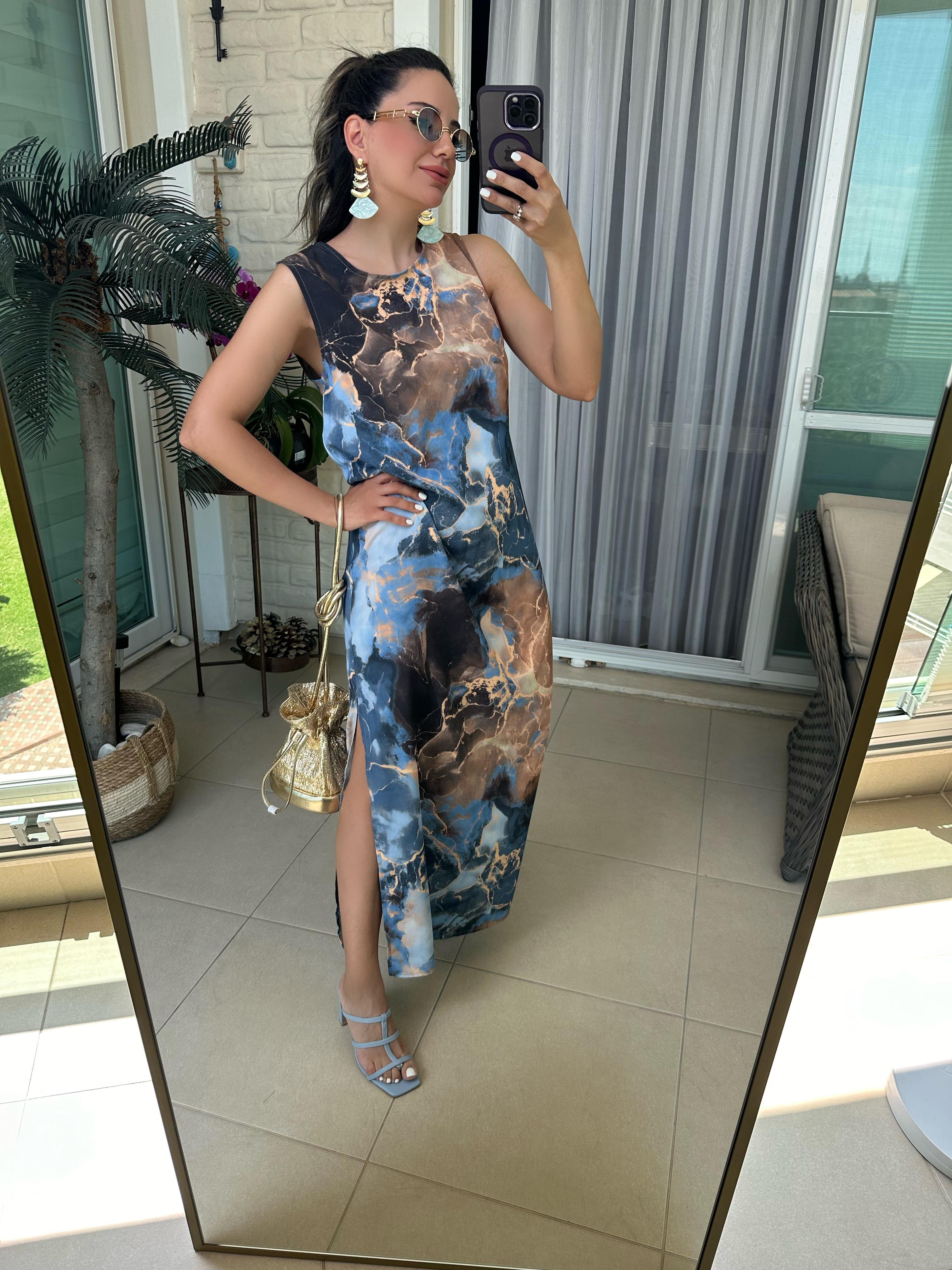 Mavi Turuncu Batik Desenli Elbise