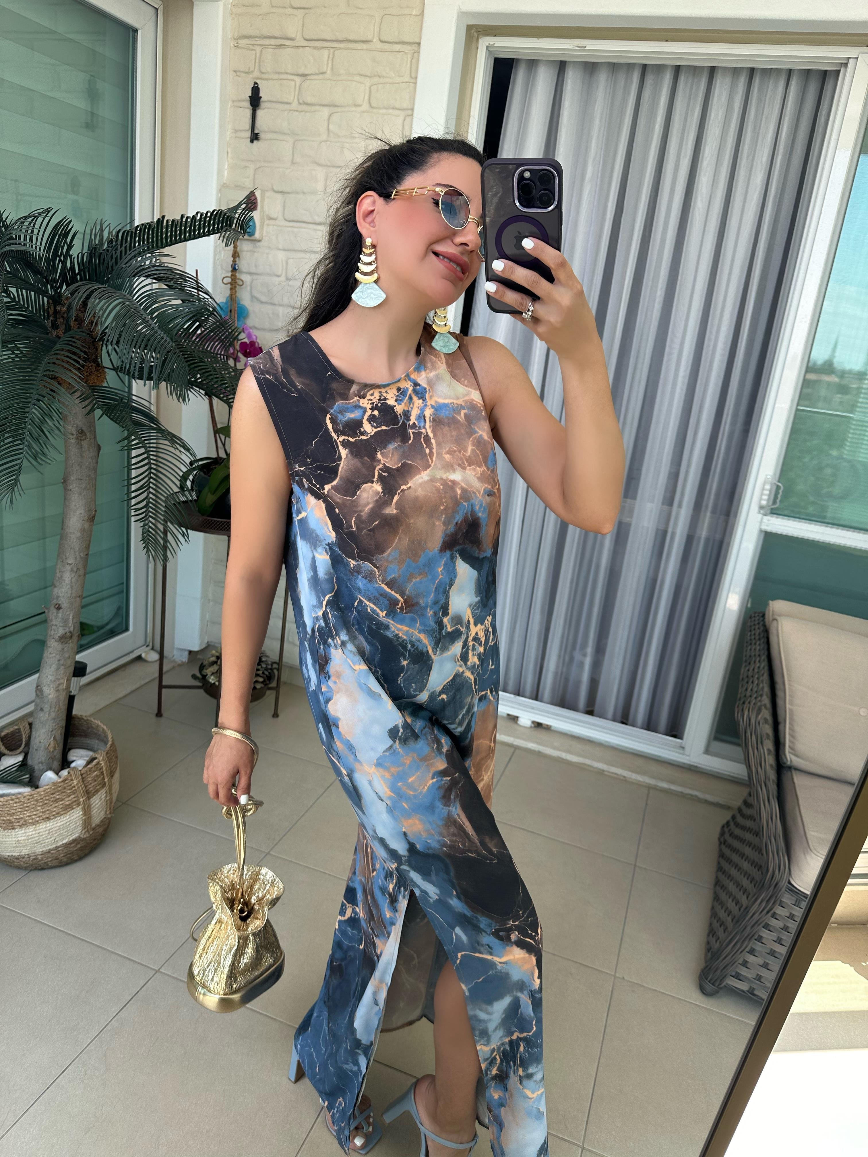 Mavi Turuncu Batik Desenli Elbise