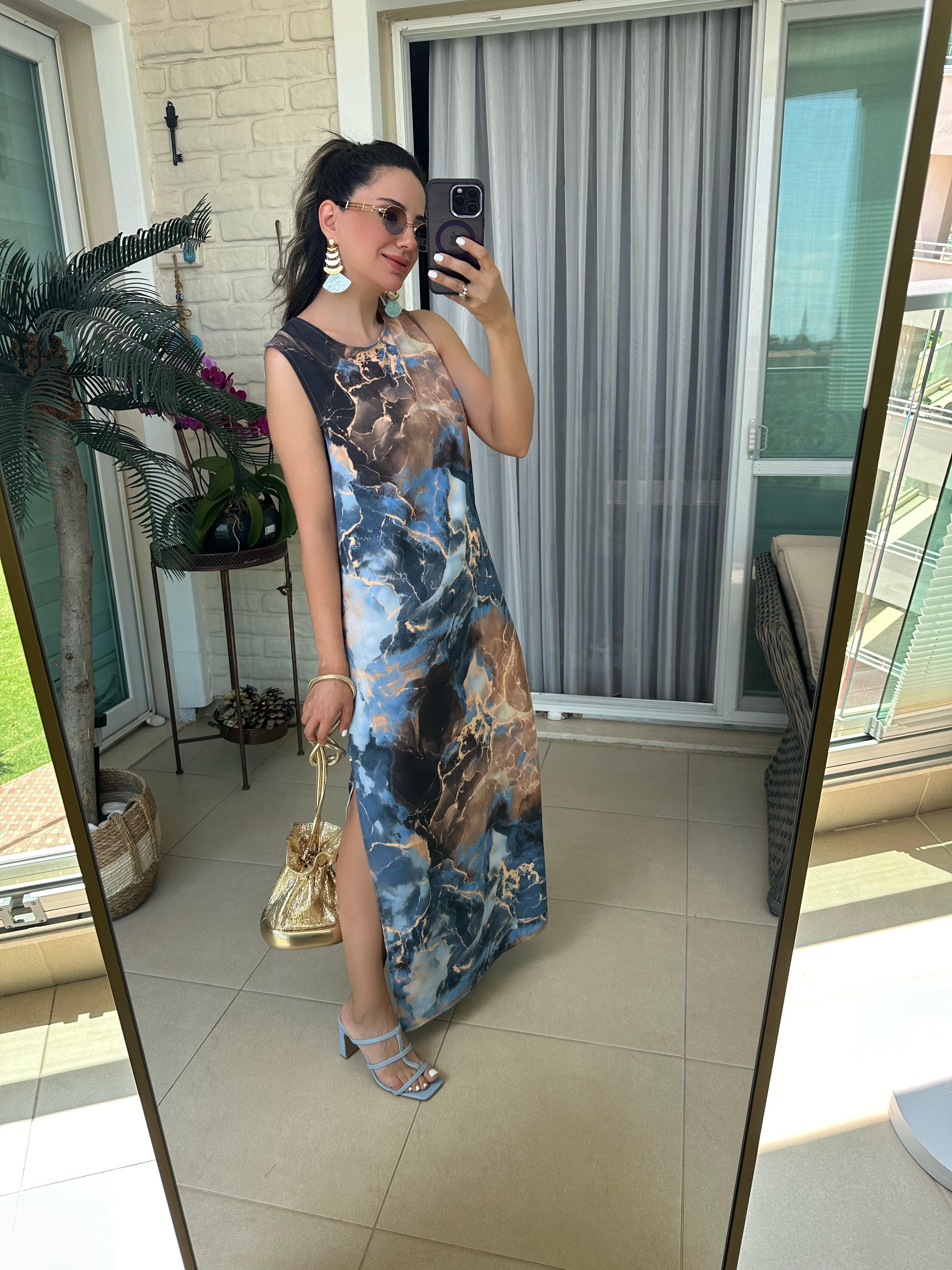 Mavi Turuncu Batik Desenli Elbise
