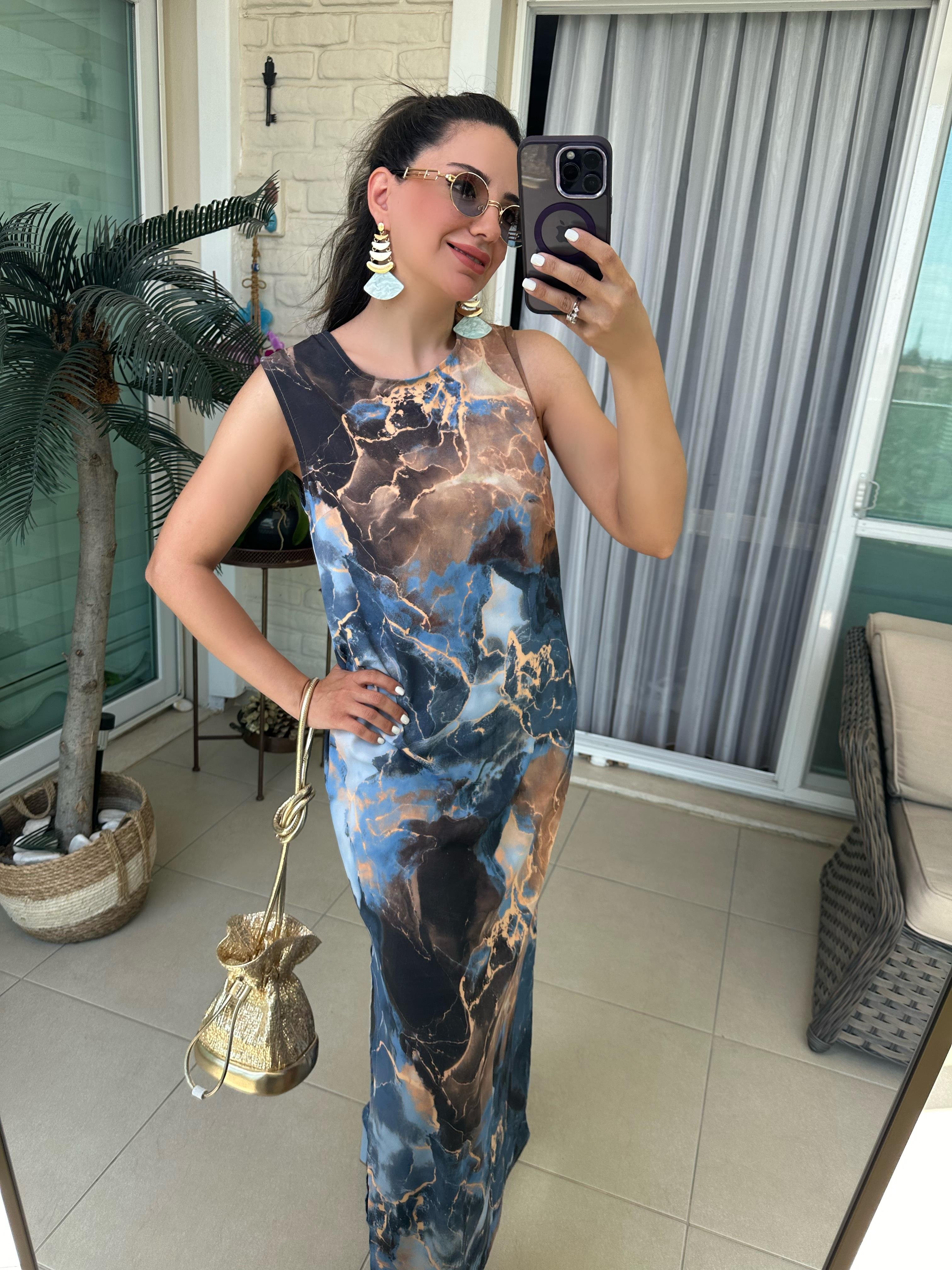 Mavi Turuncu Batik Desenli Elbise