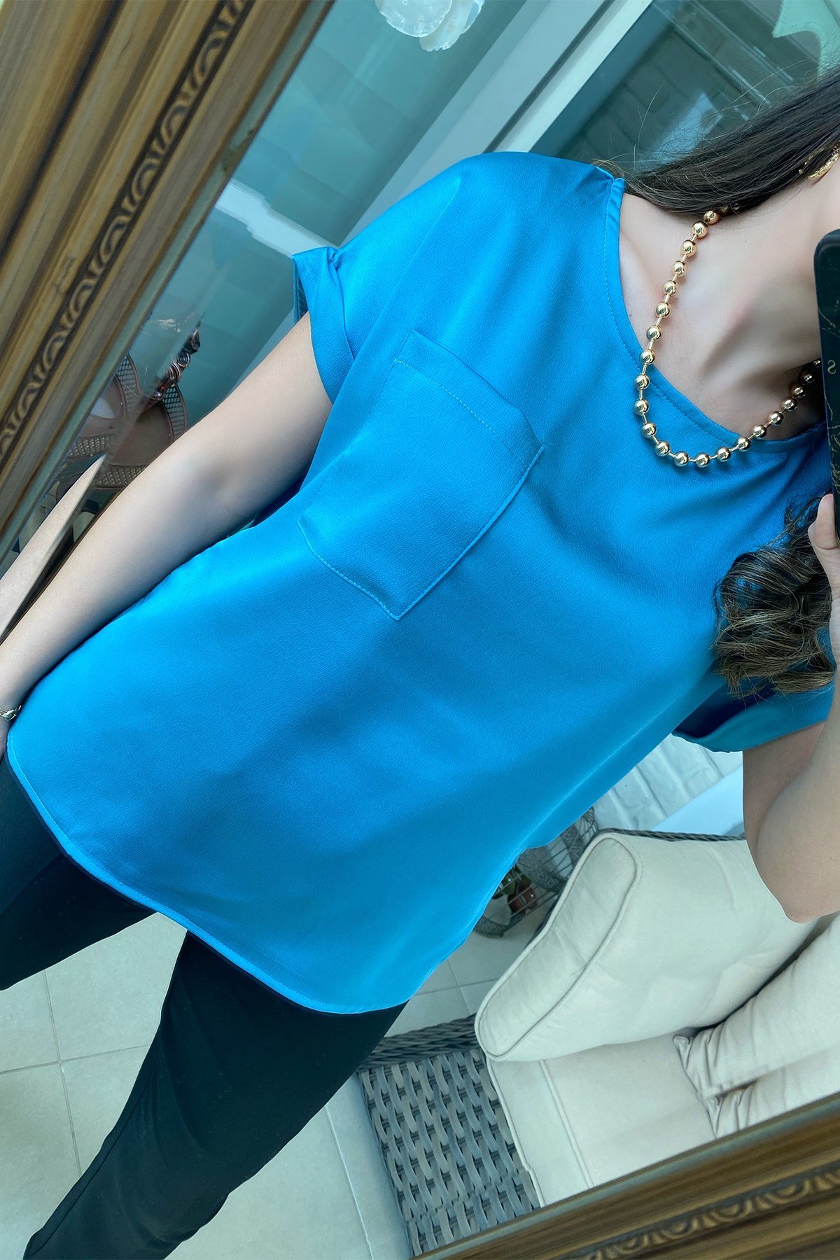 Mavi Yarım Kollu Saten Bluz 