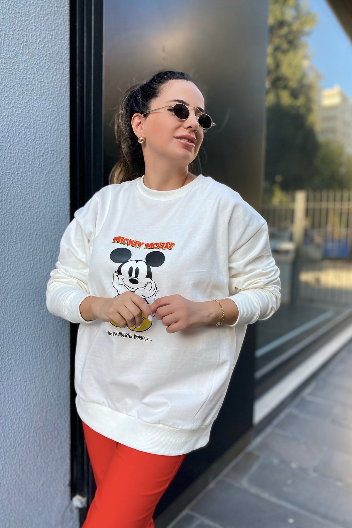 Mickey Mouse Baskılı Beyaz Sweatshirt