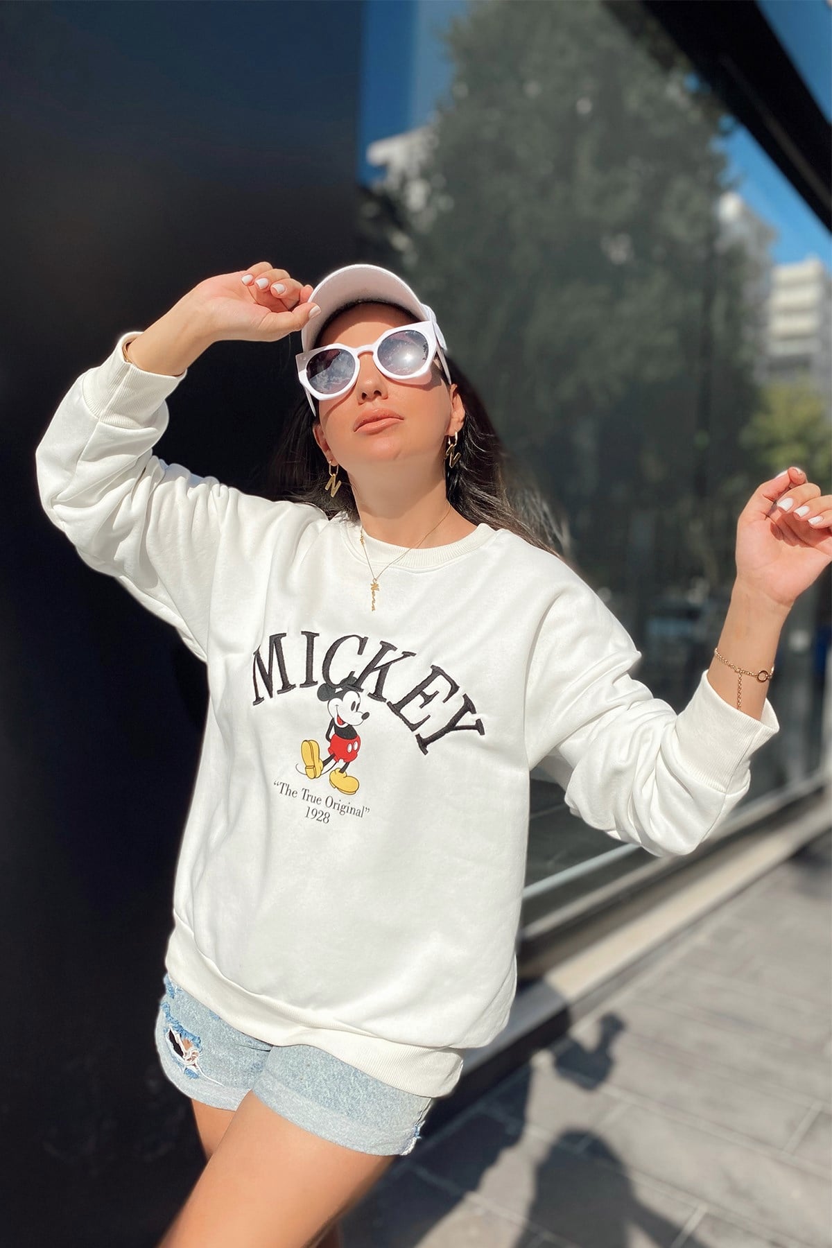 Mickey Mouse Baskılı Beyaz Sweatshirt
