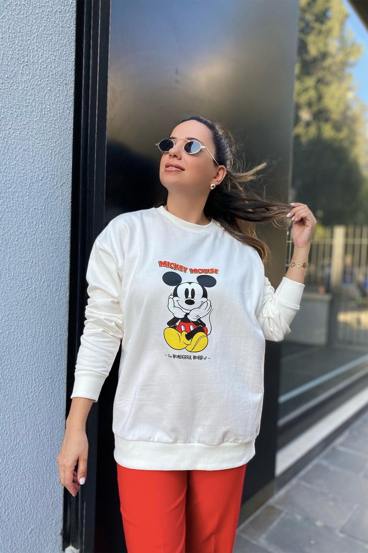 Mickey Mouse Baskılı Beyaz Sweatshirt