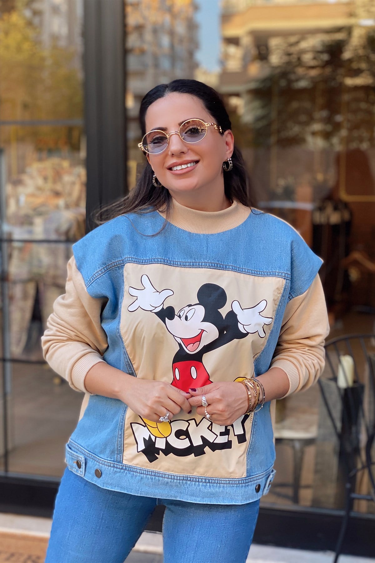 Mickey Mouse Baskılı Kot Detaylı Sweatshirt