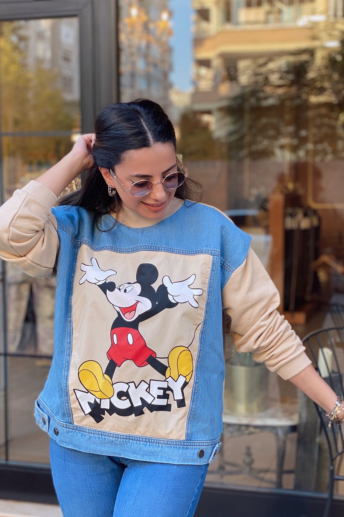 Mickey Mouse Baskılı Kot Detaylı Sweatshirt