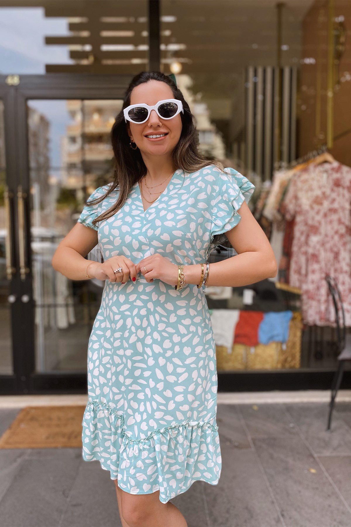 Mint Yeşil Desenli Viskon Elbise