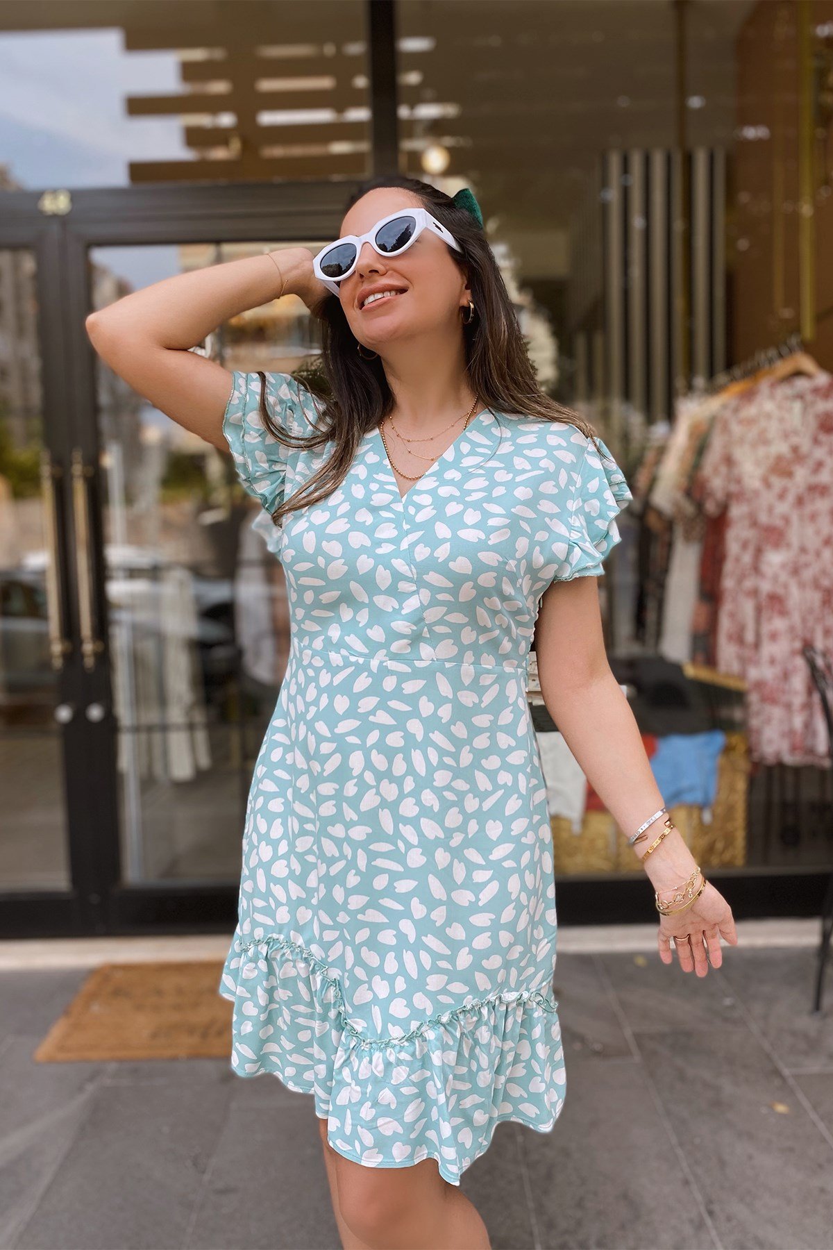 Mint Yeşil Desenli Viskon Elbise