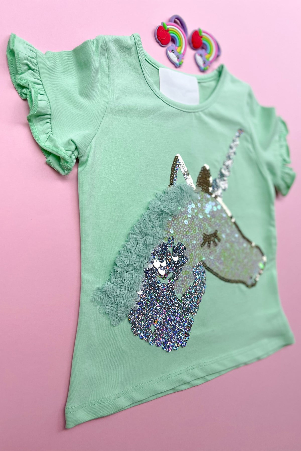 Mint Yeşili Unıcorn İşlemeli Pullu Tshirt