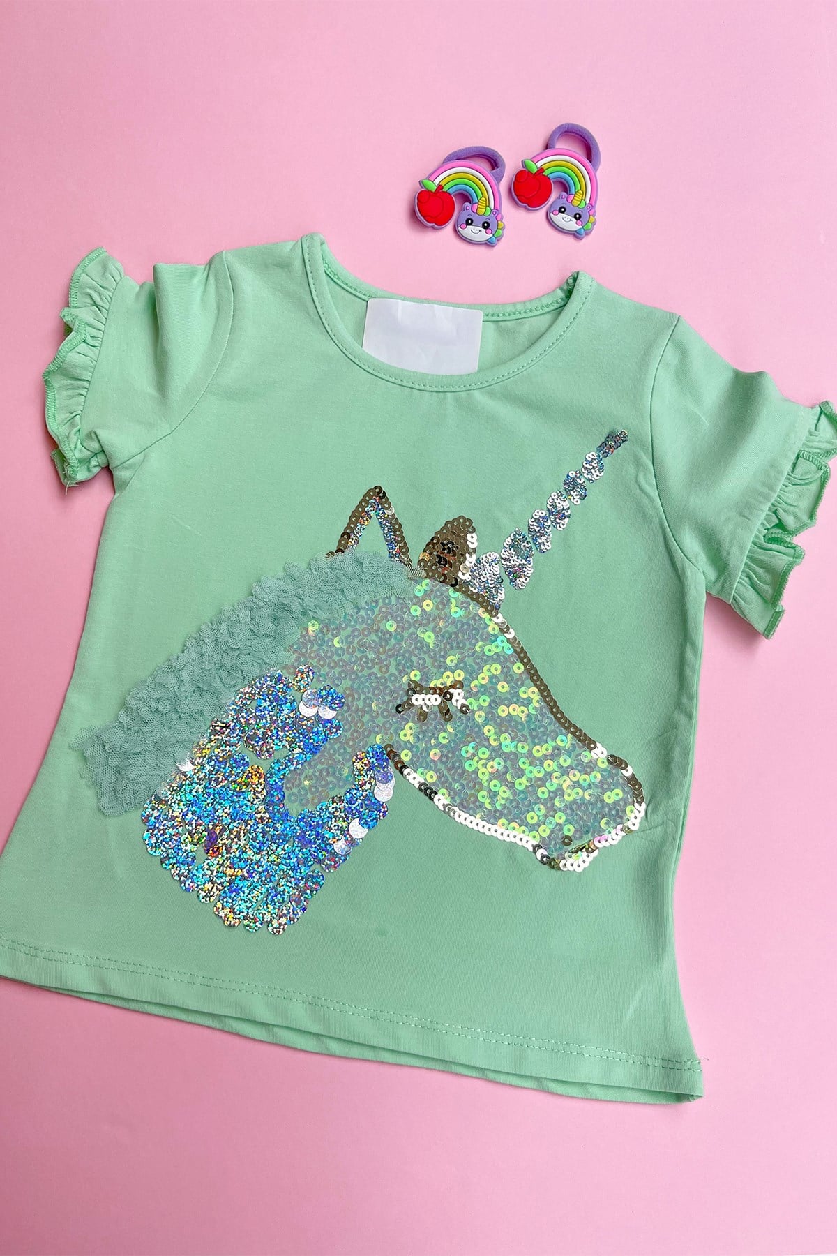 Mint Yeşili Unıcorn İşlemeli Pullu Tshirt