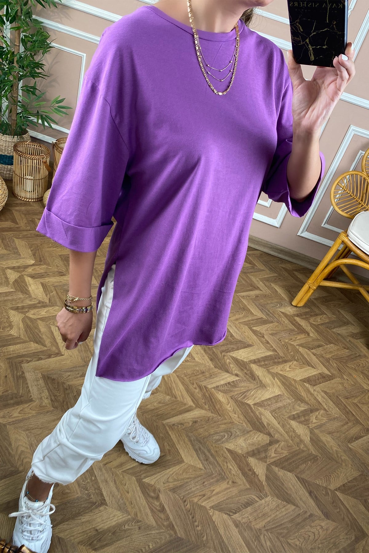 Mor Basic Uzun Boyfriend Tshirt