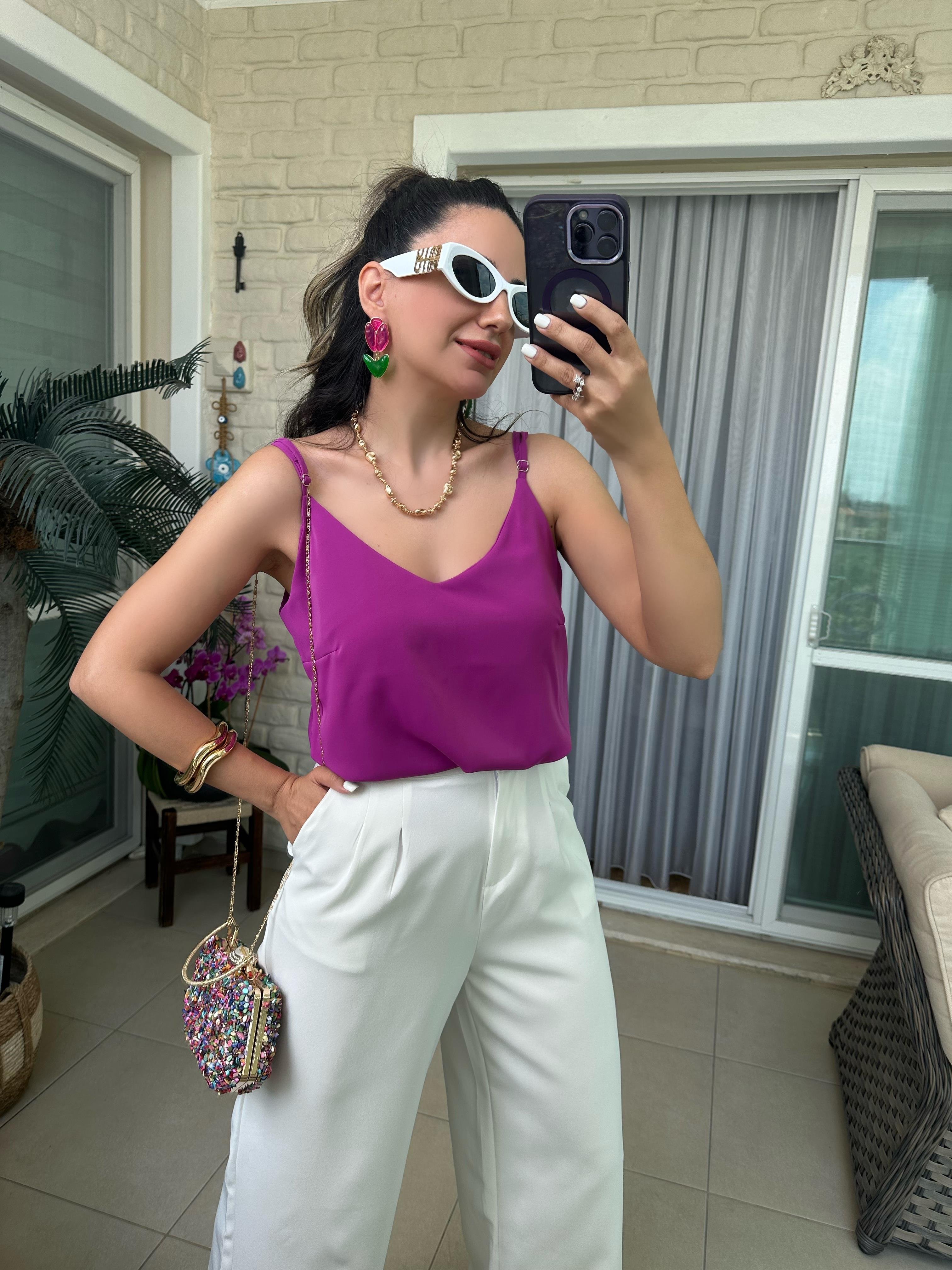 Mor V Yaka İp Askılı Bluz