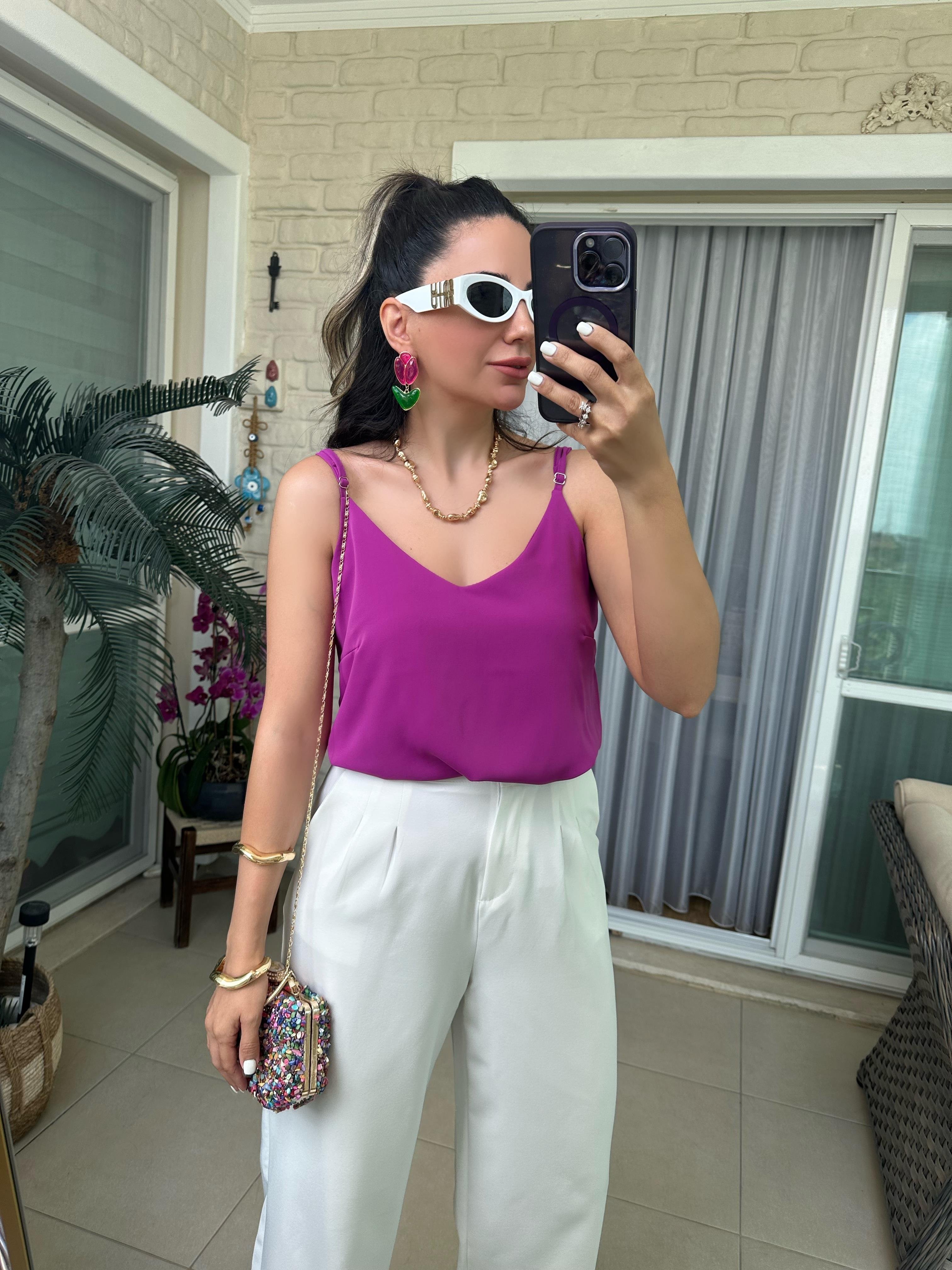 Mor V Yaka İp Askılı Bluz